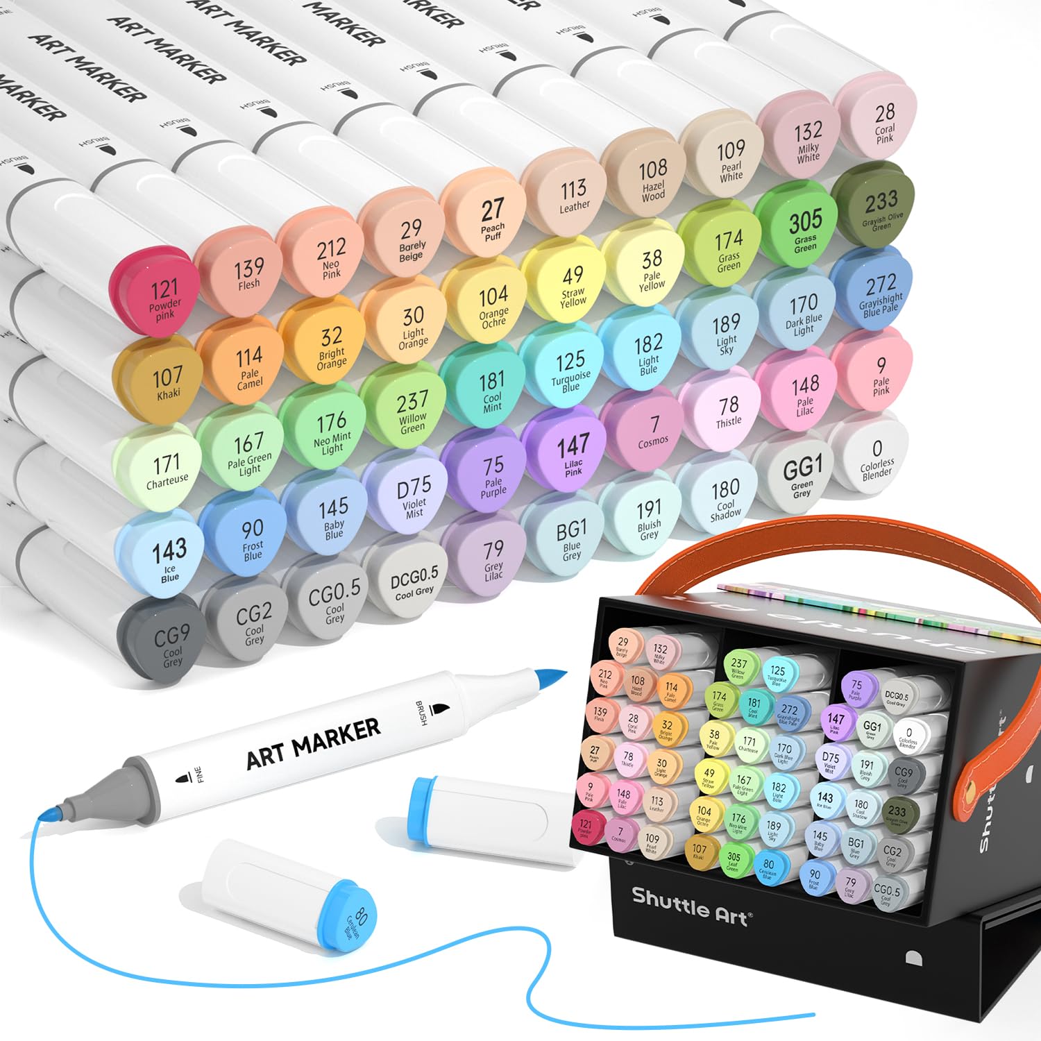 51 Pastel Colours Alcohol Markers Brush Tip, Dual Tip Art Pens and Colourless Blender, Brush & Fine Felt Tip Pens with Case for Artists Adult Illustration Colouring Sketching Drawing