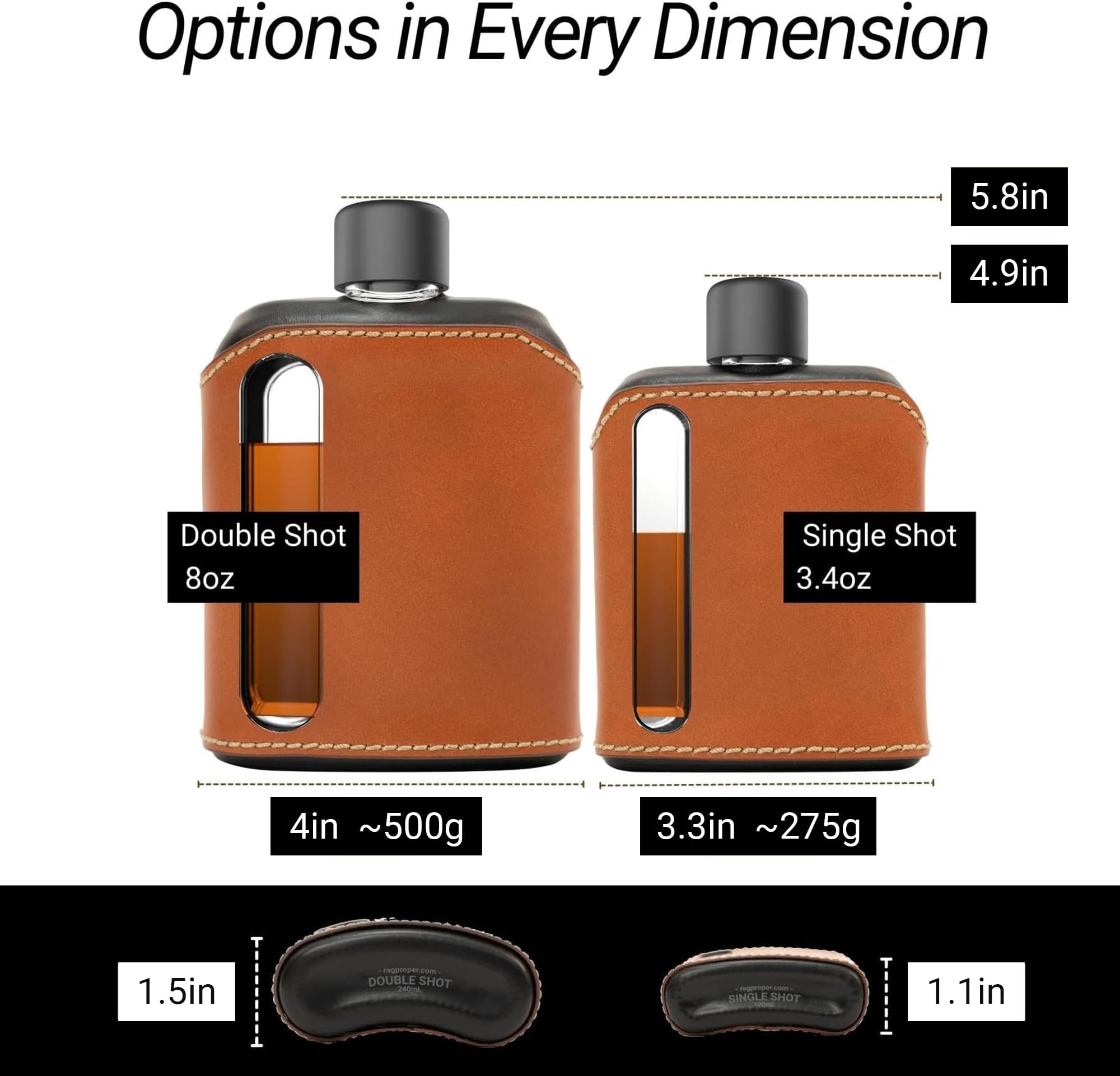 Ragproper Modern Glass Hip Flask - Durable Leather Covered Flask for Whiskey, Spirits, & Other Liquor - Ideal Glass Flask for Men & Women (Single Shot 100ml, Leather, Black & Tan)