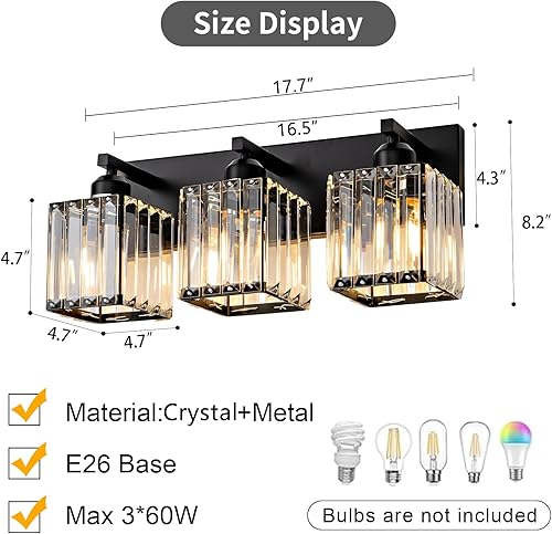 Miniatura 3 de Lámpara negra para tocador de baño, 3 luces, lámpara de pared de baño de cristal, luz moderna sobre espejo (excluye la bombilla)