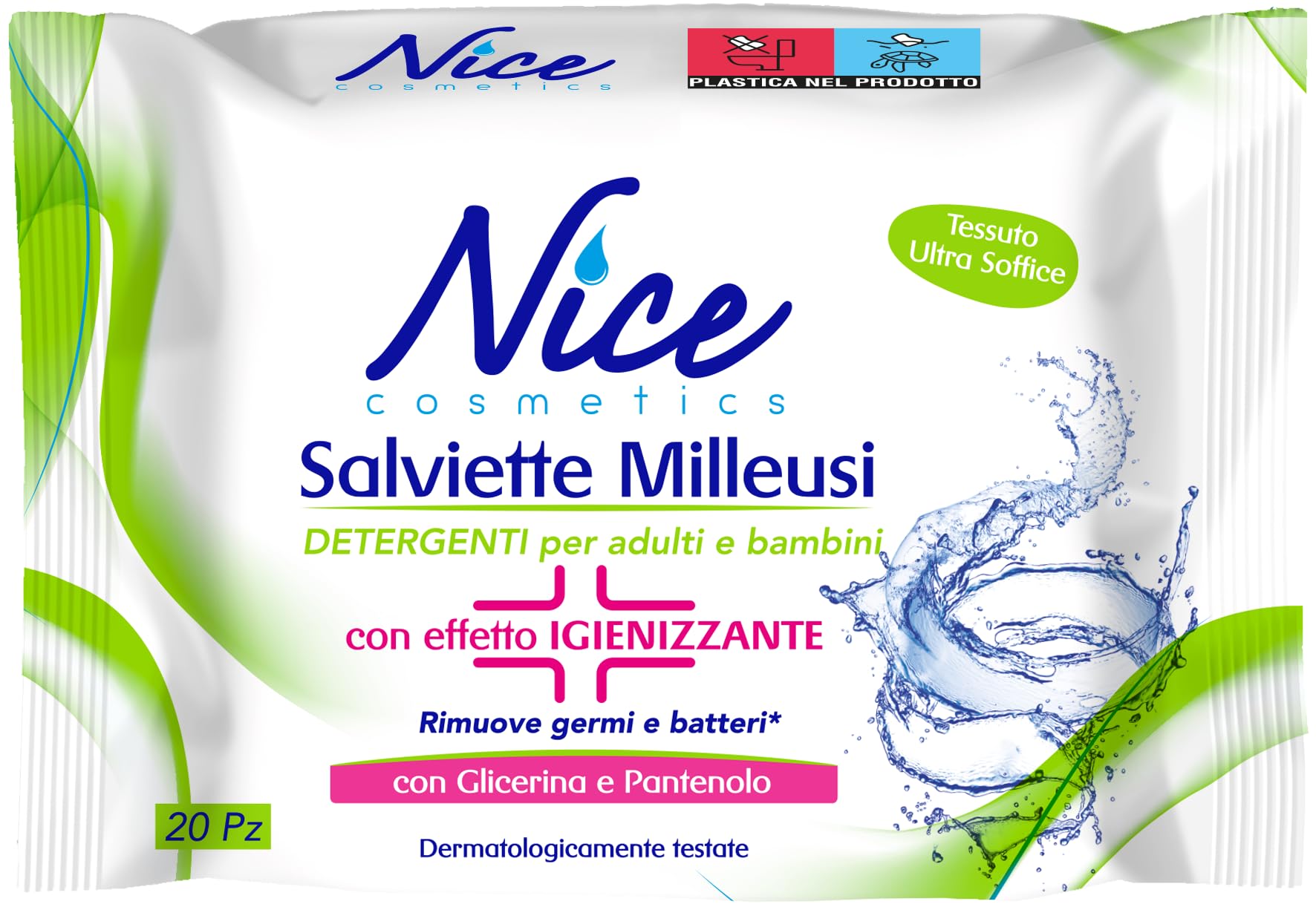 Nice Toallitas desinfectantes Milleusi – Eliminan gérmenes y bacterias – Frescas e hidratantes en la piel con glicerina y pantenol – Formato: Paquete de 20 toallitas