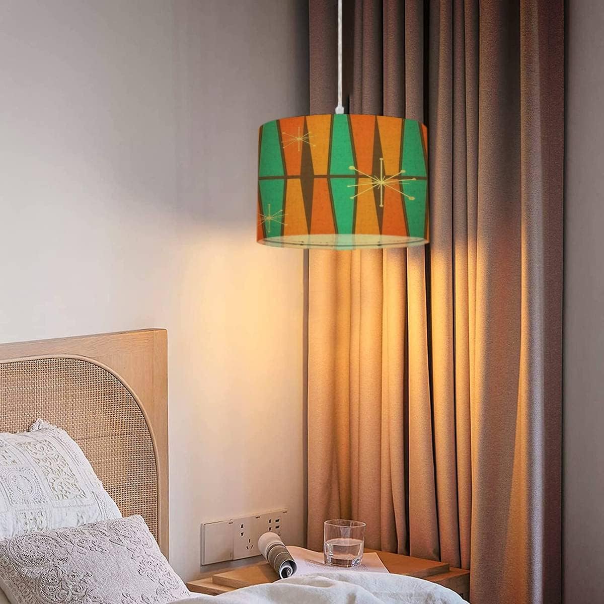Plug in Pendant Light 50s Mid Century Modern Vintage Retro 1950s Geometric Hanging Lamp with Plug in Cord 16.4 ft Dimmable Switch Fabric Shade Hanging Light for Bedroom Kitchen Living Room