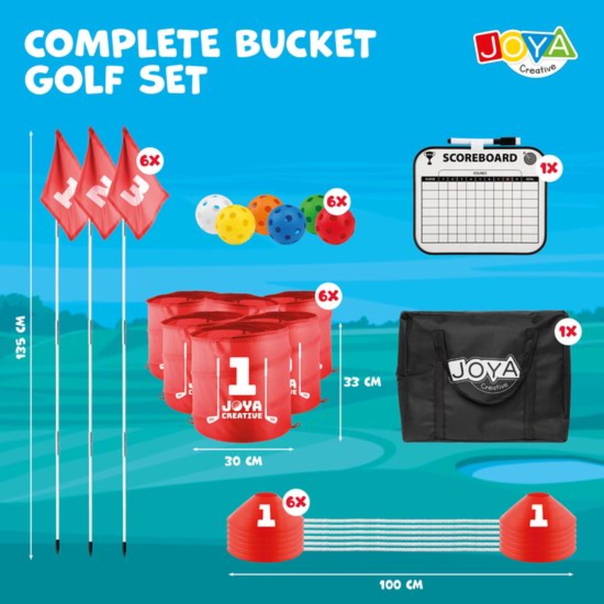 Bucket Golf 6 fori – Gioco all'aperto per bambini e adulti – Gioco di famiglia – Gioco d'azione – Set da golf completo con secchi, palline e custodia