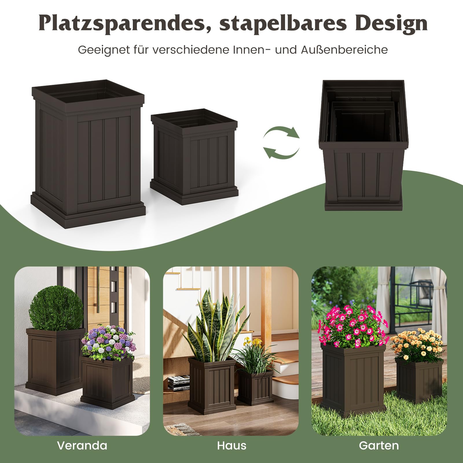 COSTWAY 2 er Pflanzkübel Quadratisch, 48/31,5 cm hoch, Pflanzgefäße wetterfest stapelbar, Blumentöpfe mit Entwässerungslöchern, PP Kunststoff, Übertopf für Garten Terrasse Hinterhof Balkon, Braun