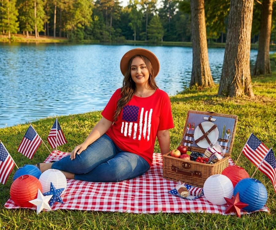 Image of ForHailey Women's 4th of July Patriotic Shirts Graphic Tees USA Shirt American Flag Short Sleeve Tunic Tops