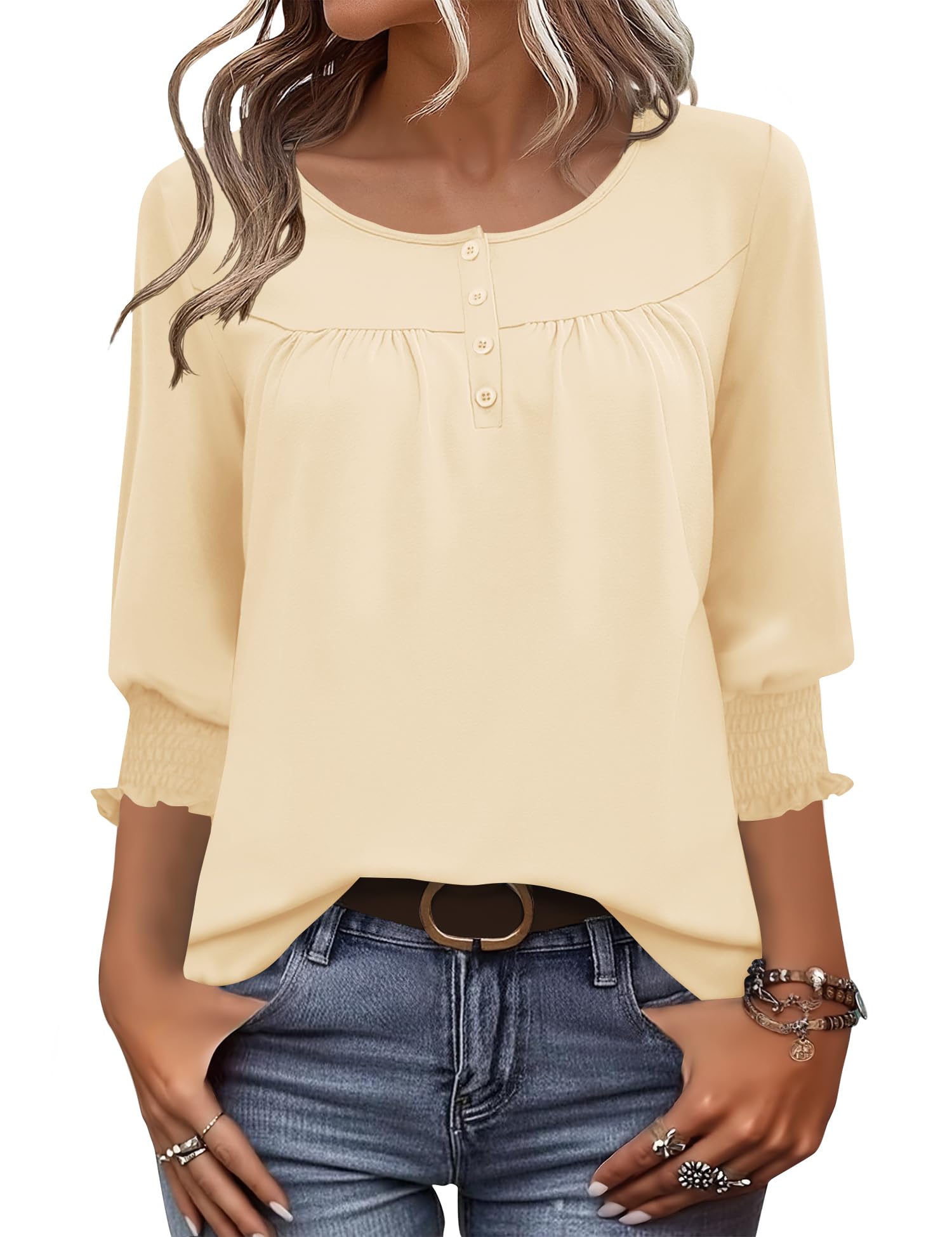 AKEWEI 3/4 Length Sleeve Womens Tops 2025 Fashion Summer Tops for Women Crewneck Casual Loose Fit Pleated Top