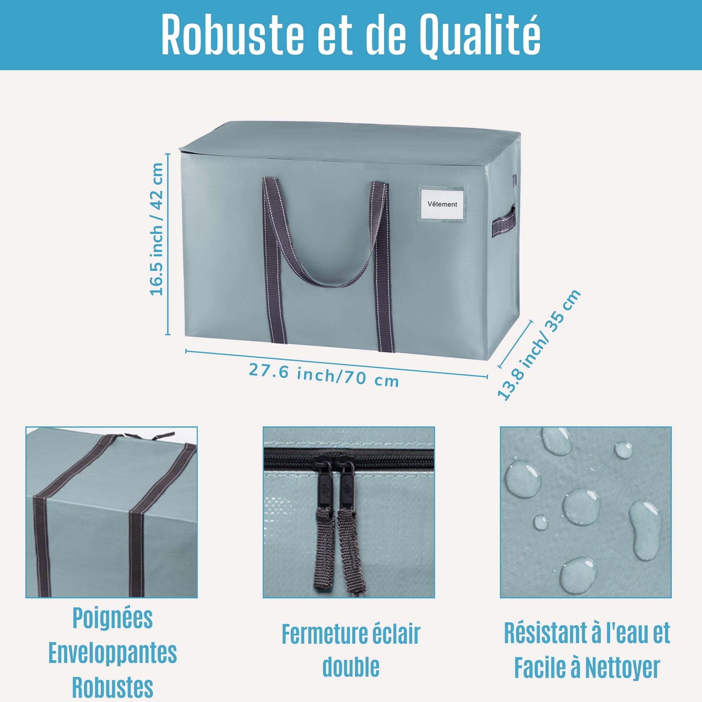 VENO 102L Lot de 10 Sac Déménagement grand avec Couvercle et Poignées Renforcées, Sac de Rangement Vêtement Résistant, Alternative aux Cartons Déménagement, Sacs de Voyage (Bleu Clair, Lot de 10)