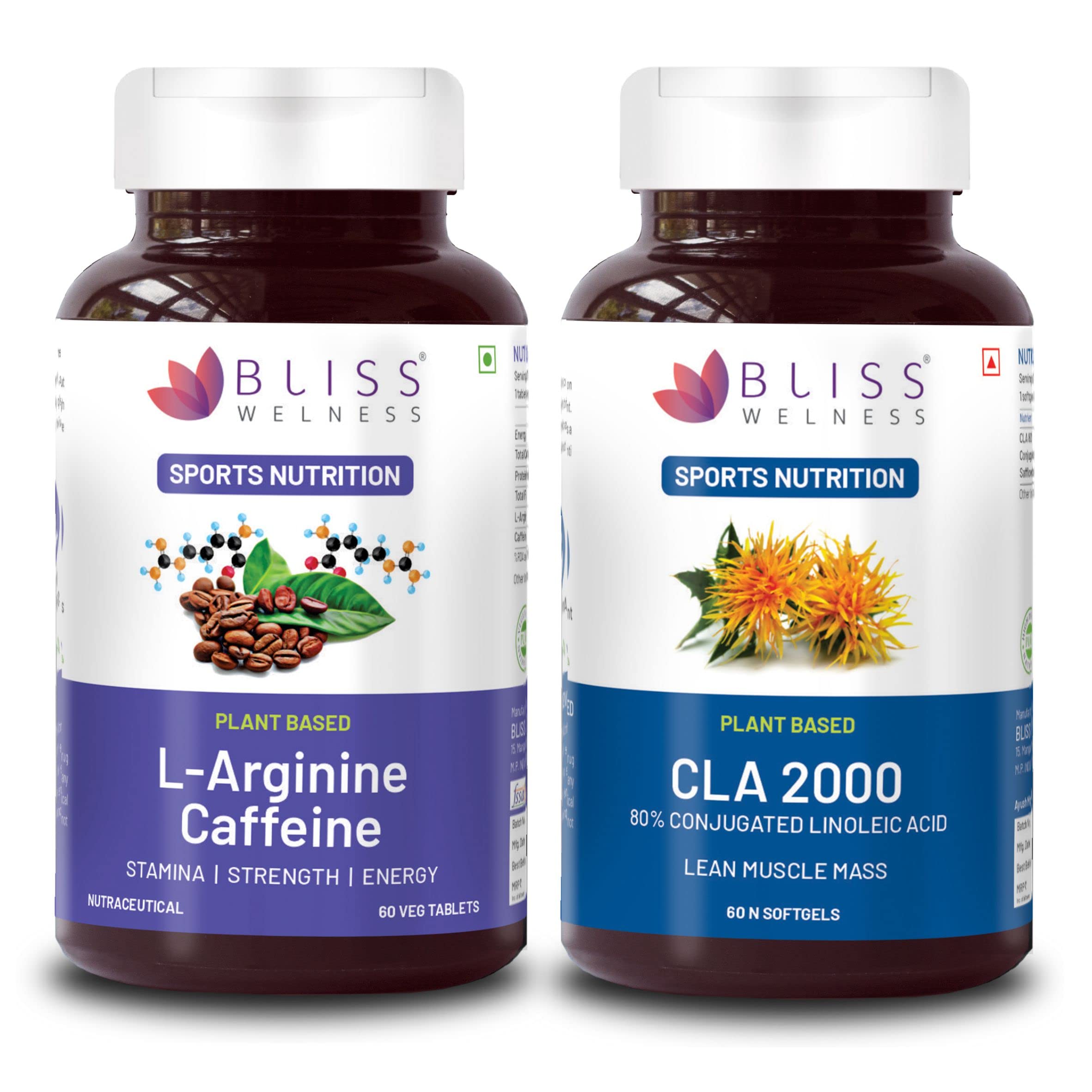 Bliss Welness CLA 2000 (Conjugated Lenoleic Acid) + L-Arginine Nitric Oxide & Caffeine 1400mg | Energy Gain Performance Health Supplement 60 Softgel + 60 Tablets