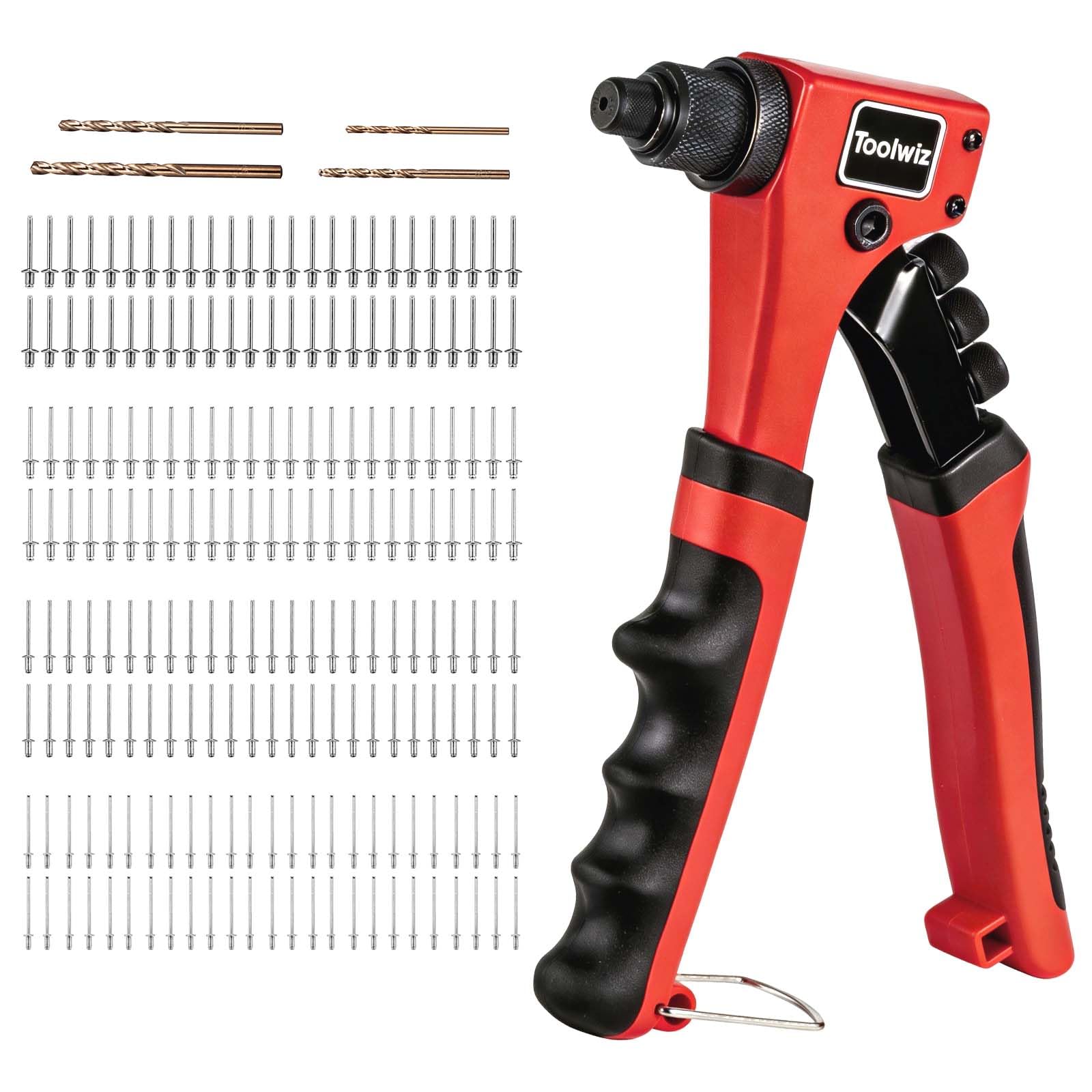 Toolwiz Pistola remachadora con una sola mano con 200 remaches, 4 cabezales intercambiables sin herramientas y 4 brocas, remachadora manual de alto rendimiento para metal, madera, plástico, cuero