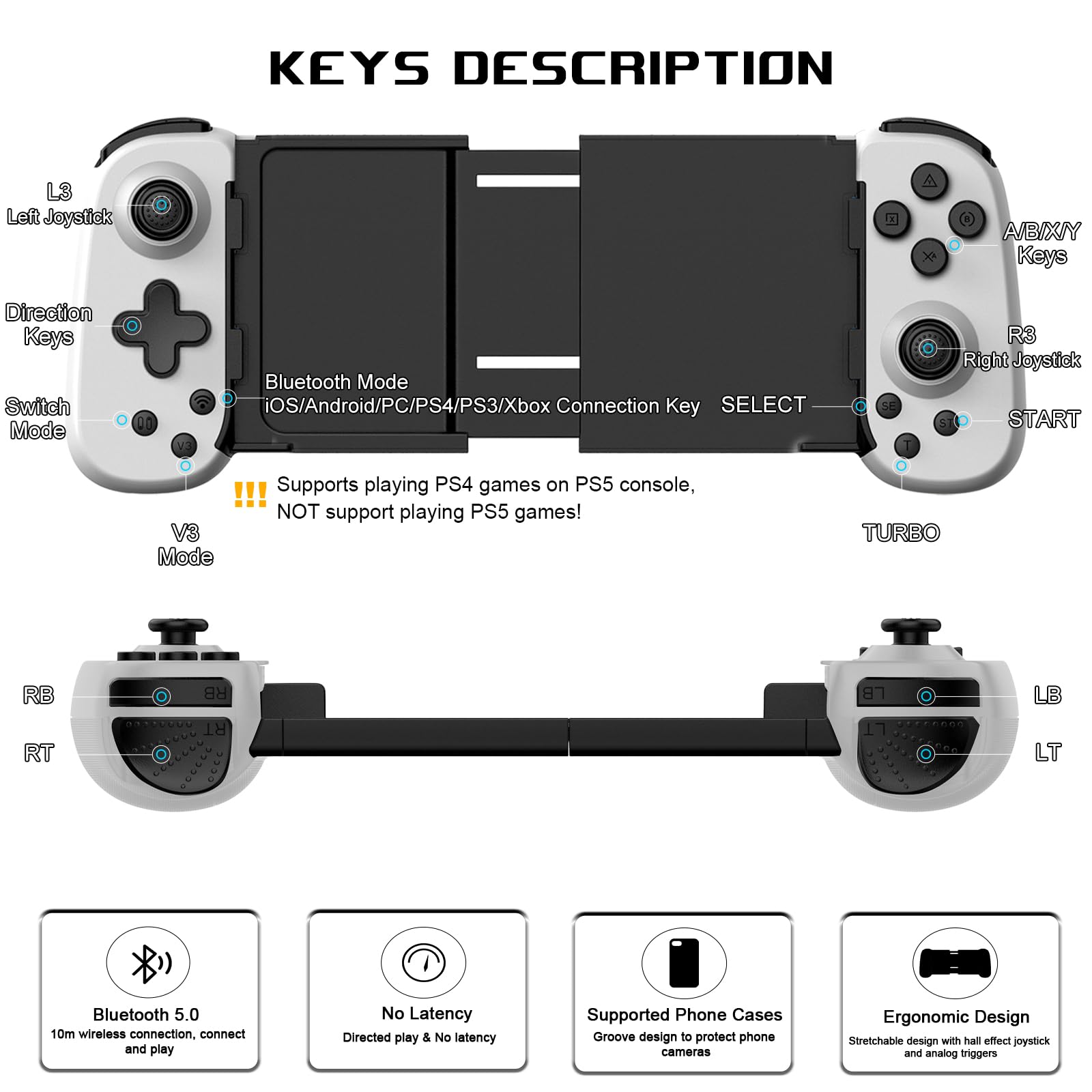 arVin Controller da gioco mobile per iPhone Android con supporto per telefono e luce verde, gamepad wireless per iOS/Samsung/Tablet/Switch/PS4/PC, Xbox Cloud Gaming/PS Remote Play/Steam Link per