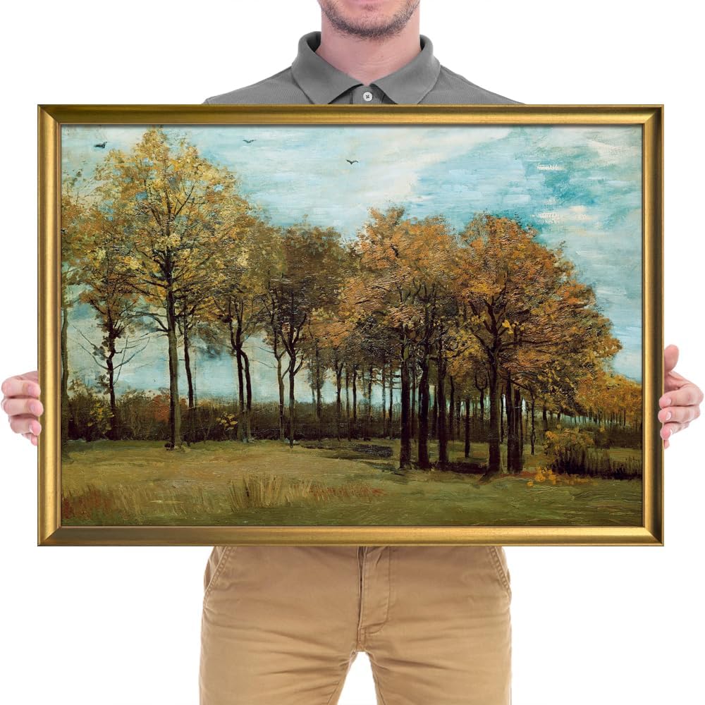 Wieco Art Framed Canvas Prints Autumn Landscape 1885 by Vincent Van Gogh Art Famous Paintings Reproduction Tree Forest Pictures Artwork Wall Art for Home Decor and Wall Decorations Bronze Gold Frame