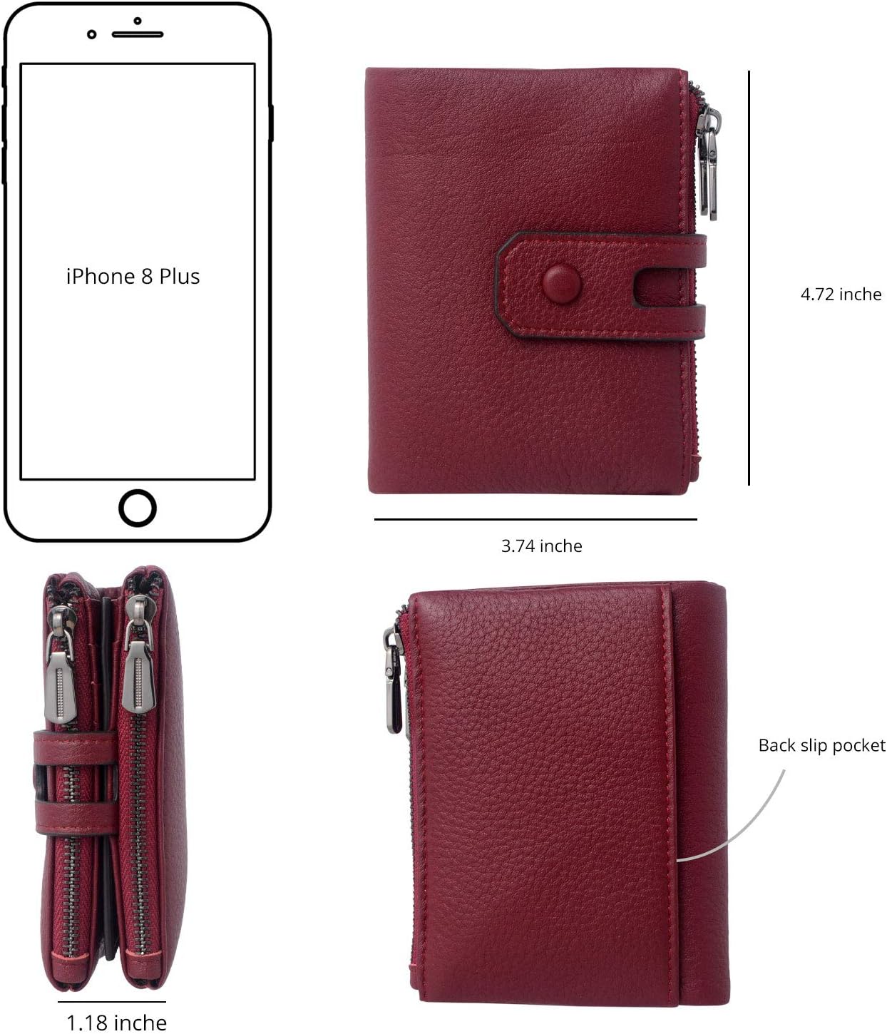 Bveyzi Small Soft Leather Wallet for Women RFID Blocking Ladies Card Holder with Double Zipper Pocket - Image 5