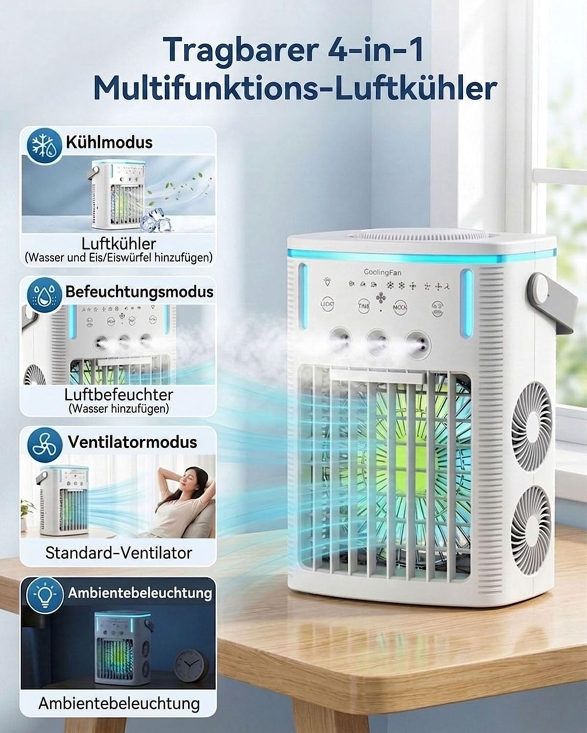 Mobile Klimaanlage, 4-in-1 Mini Klimagerät mit 1000ml Wassertank, 3-in-1 Nebel & 3 Windstufen, Touch & Fernbedienung, 2/4/8h Timer, 7 Farben Nachtlicht, Typ-C, Ideal für Zuhause, Büro, Camping, Auto