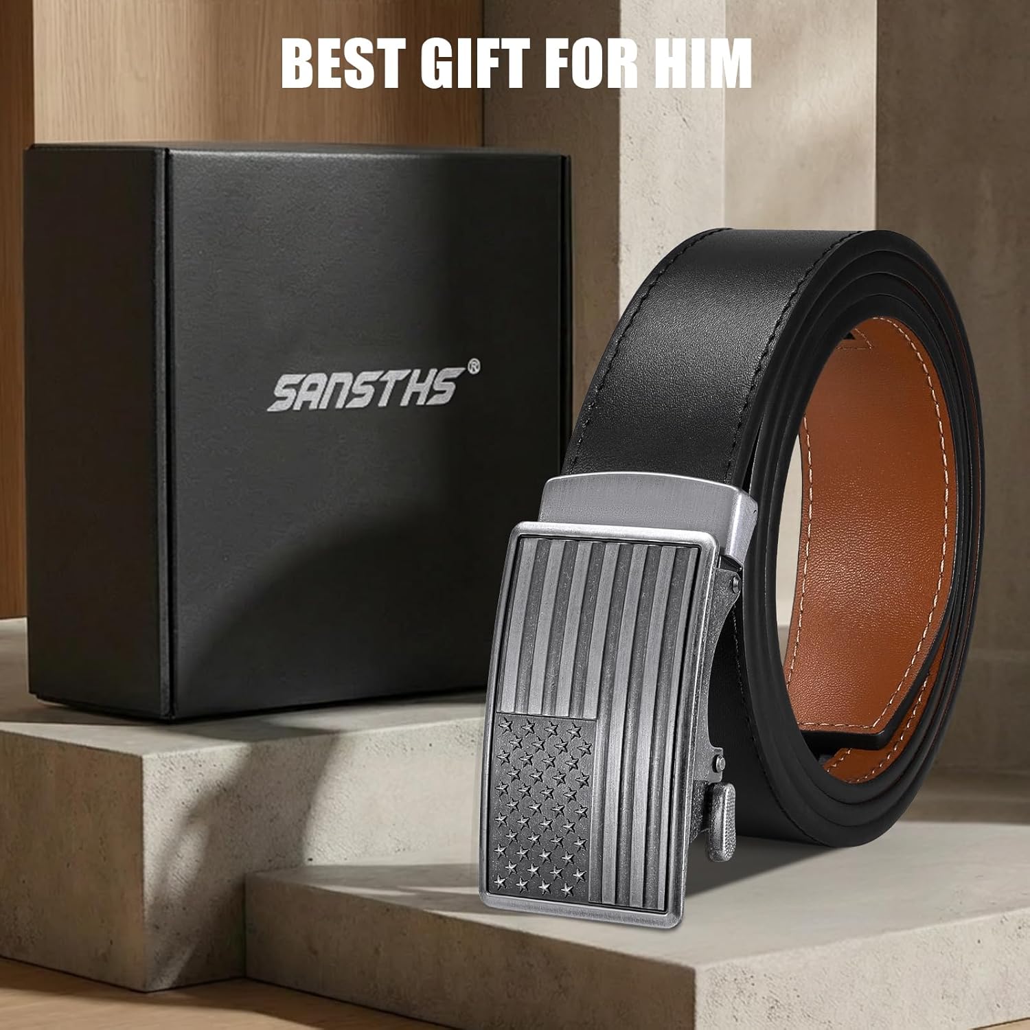 SANSTHS Mens Ratchet Belts Leather 1 3/8" for Men Dress and Casual, Adjustable Click Belts with American Flag Buckles