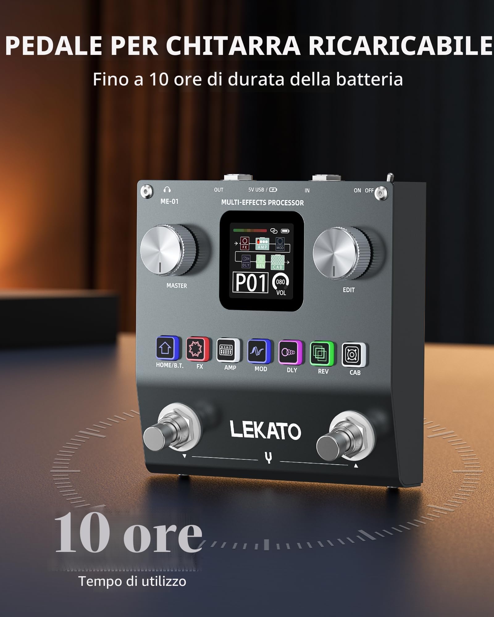 LEKATO Pedale Multi-Effetti per Chitarra, Processore di Effetti per Basso Ricaricabile con 6 Moduli Effetti, 80 Preset Editabili, Modifica APP, Caricamento IR, Registrazione OTG, Funzione BT