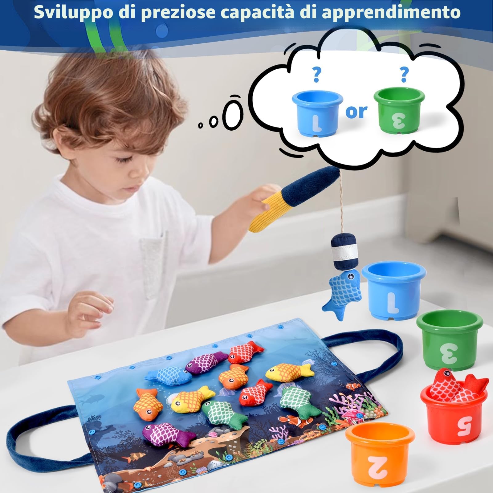 Gioco Montessori Pesca per Bambini 1-3 Anni - 12 Pesci Morbidi con Retino, Giocattolo Educativo per Sviluppo Motricità Fine e Coordinazione, Neonati 12-18 Mesi e Bambini