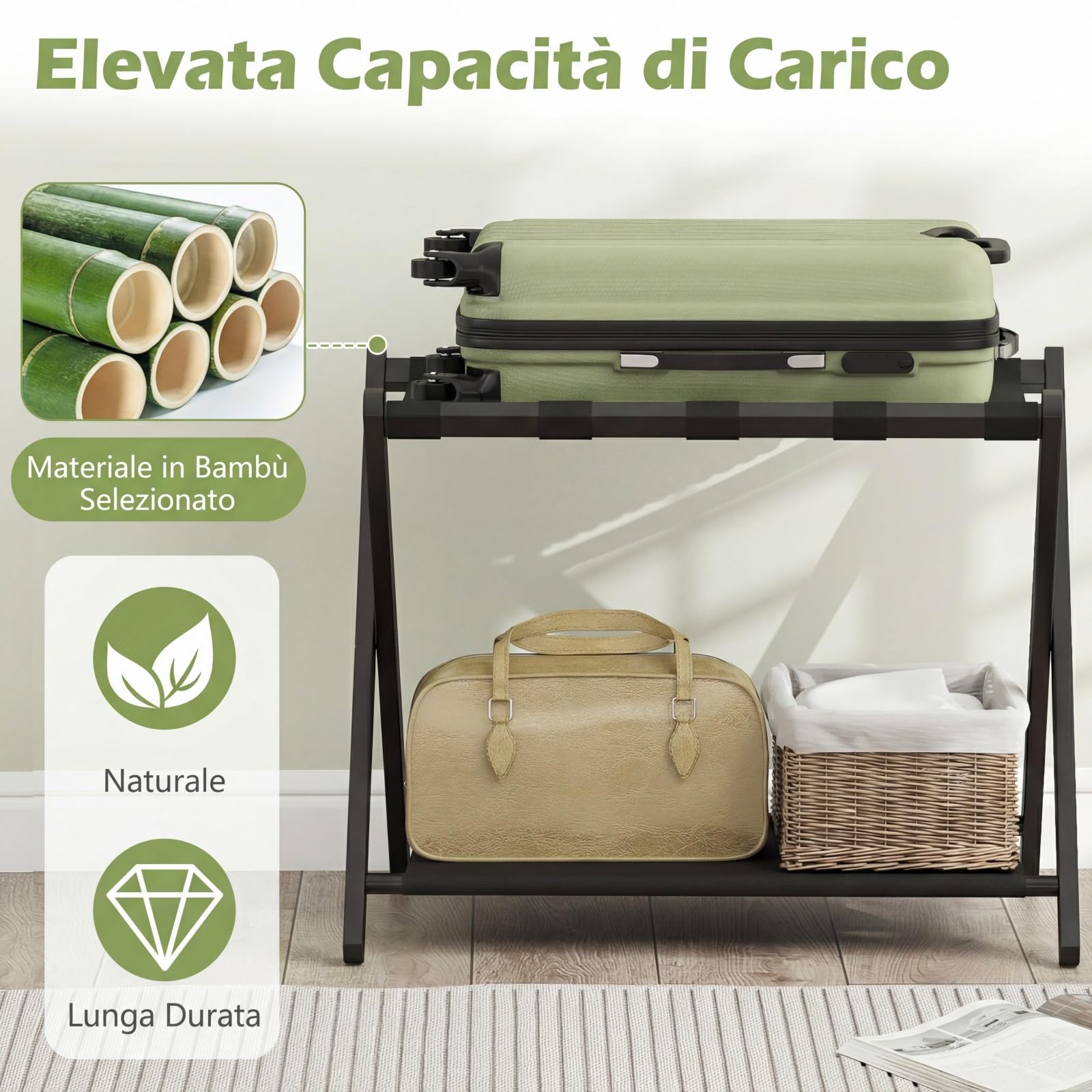 COSTWAY 2 Pz Portavaligia Pieghevole in Bamboo con Cinghie, Tessuto Oxford, Portata 65 kg, Nero
