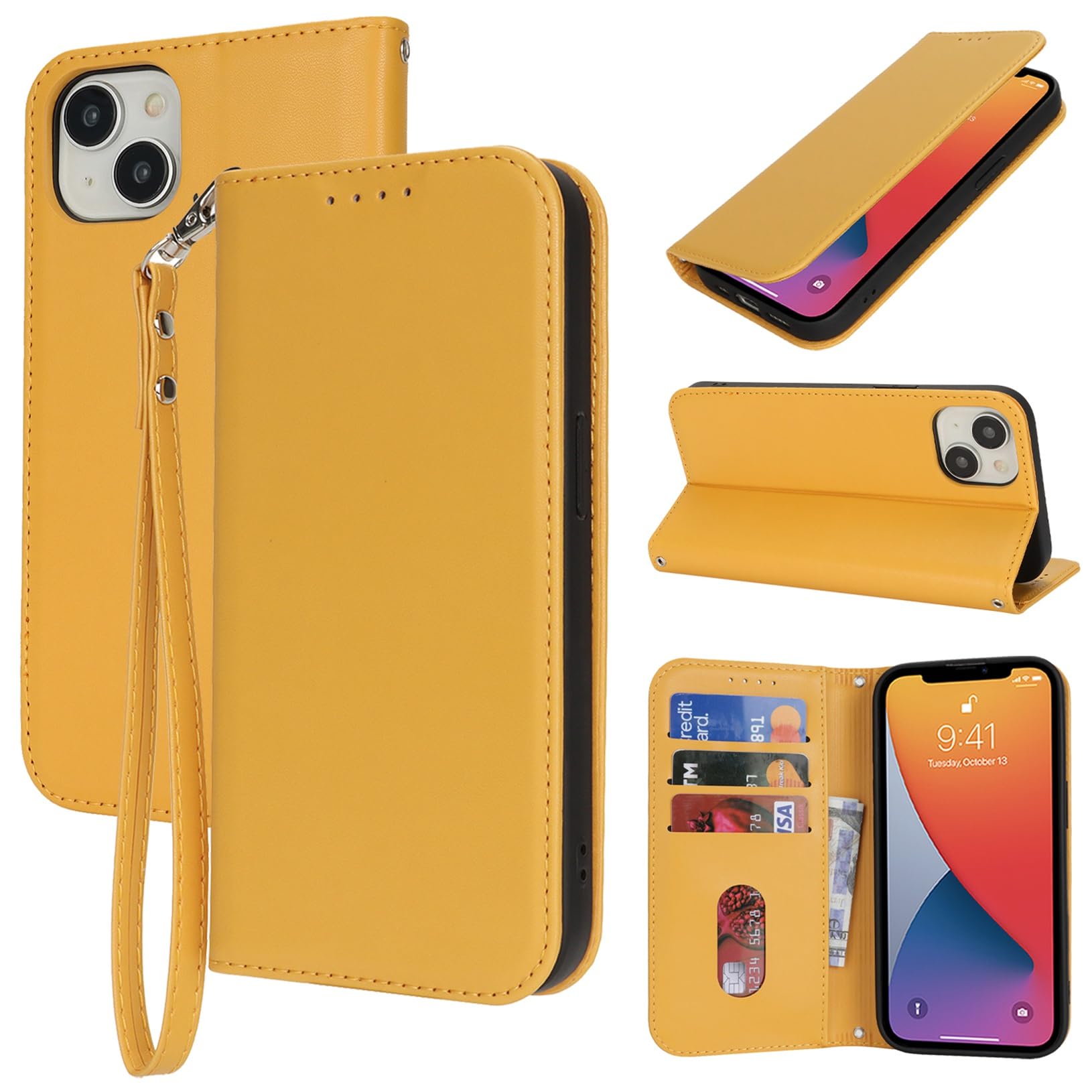 Jaorty Fit for iPhone 14/13 5G Phone Case Wallet with Wrist Strap for Women Men,Wallet Case for iPhone 13/14 with Card Holder,Cash Pocket PU Leather