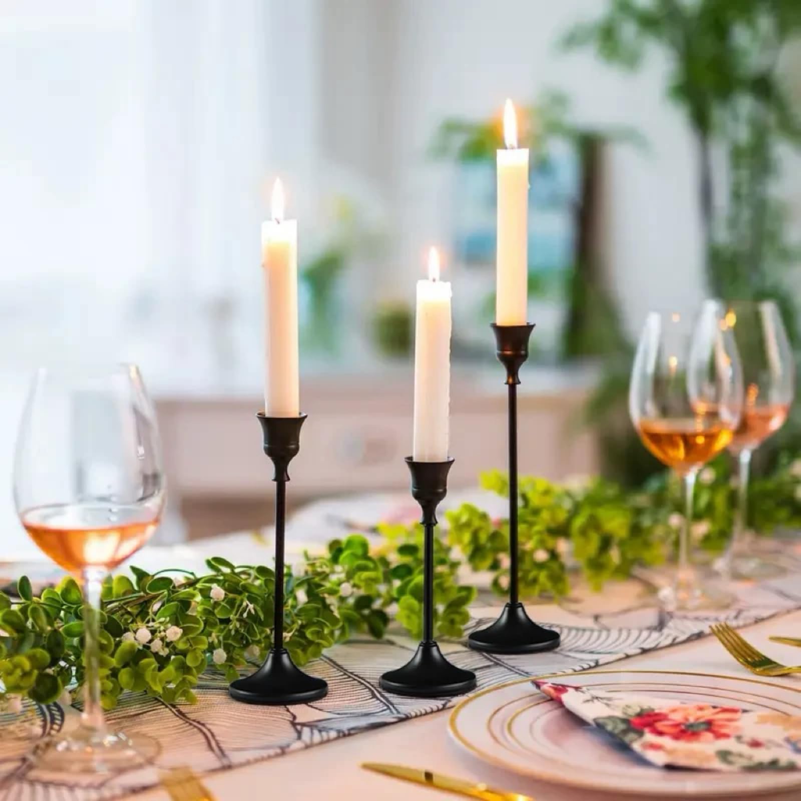 Vintage Gold Candle Holders Set for Taper Candles – Golden Candlestick Holder Set for Christmas, Table Centerpiece, Wedding, Long Candle Sticks, Metal Candle Holder Decor (Black 9PC)