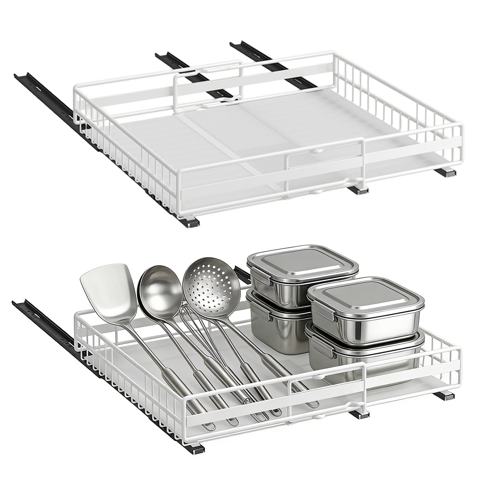 LANTUS Cesto Coulissan, porta spezie per bancone da cucina, organizer per bagno, cucina, ufficio, (31-49 cm e 32-51 cm) bianco