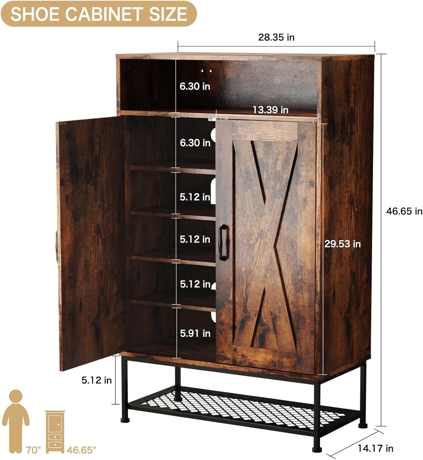 Large 24-Pair Shoe Cabinet with Doors, 7-Tier Wooden Shoe Rack with Removable Shelves, Freestanding Entryway Storage Organizer, Hallway Closet Solution, Rustic Brown