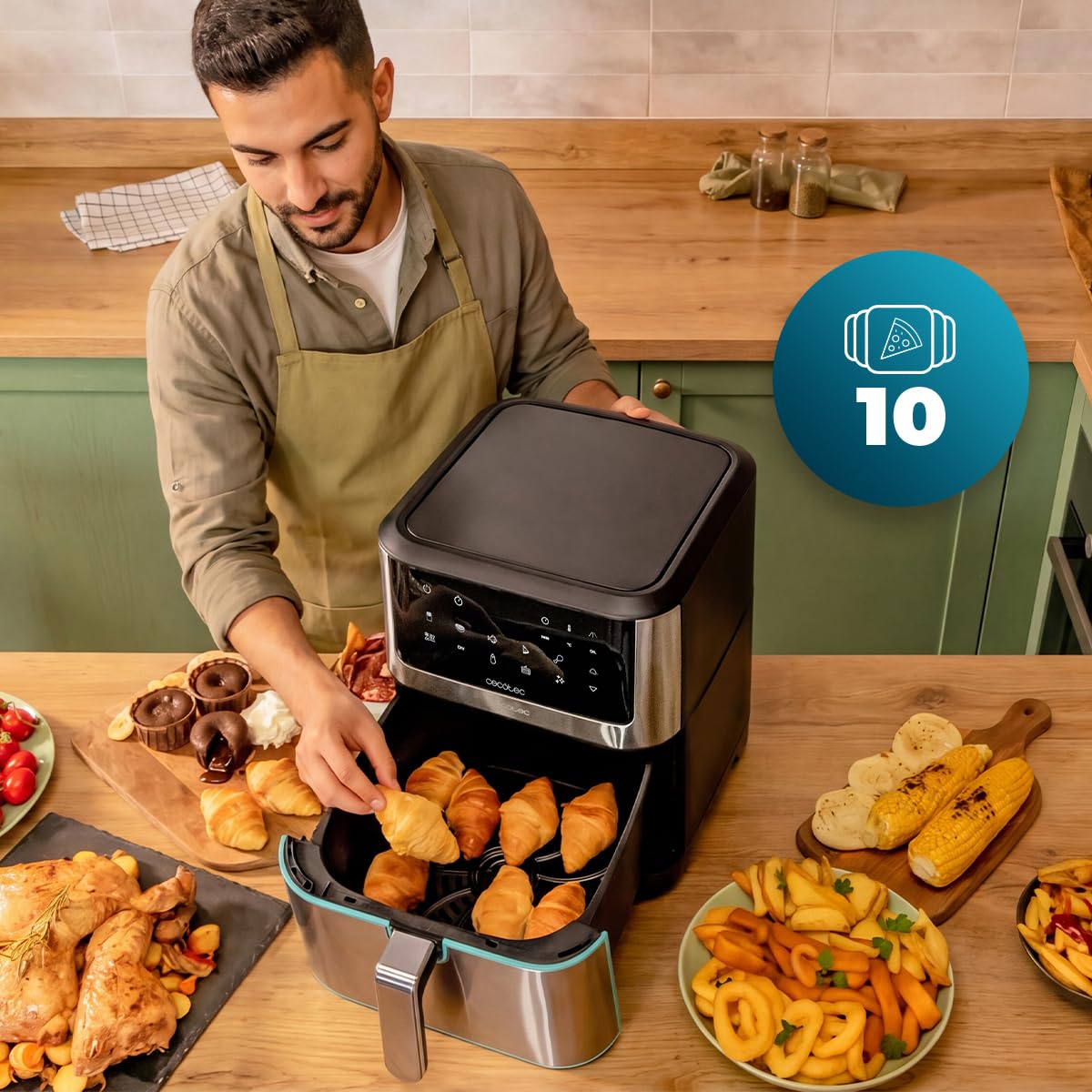 Cecotec Frytkownica na gorące powietrze Cecofry Supreme 8000 Hot. pojemność 8 l, 1800 W, konstrukcja ze stali nierdzewnej, sterowanie dotykowe, 10 programów, 30-200 stopni, funkcja Pre-Heat i