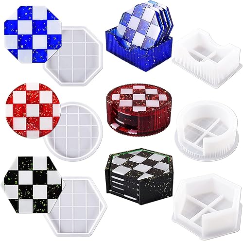 JEYUQAXY Juego de 15 moldes de resina de ajedrez a cuadros con molde de caja de almacenamiento moldes de posavasos para resina epoxi en forma