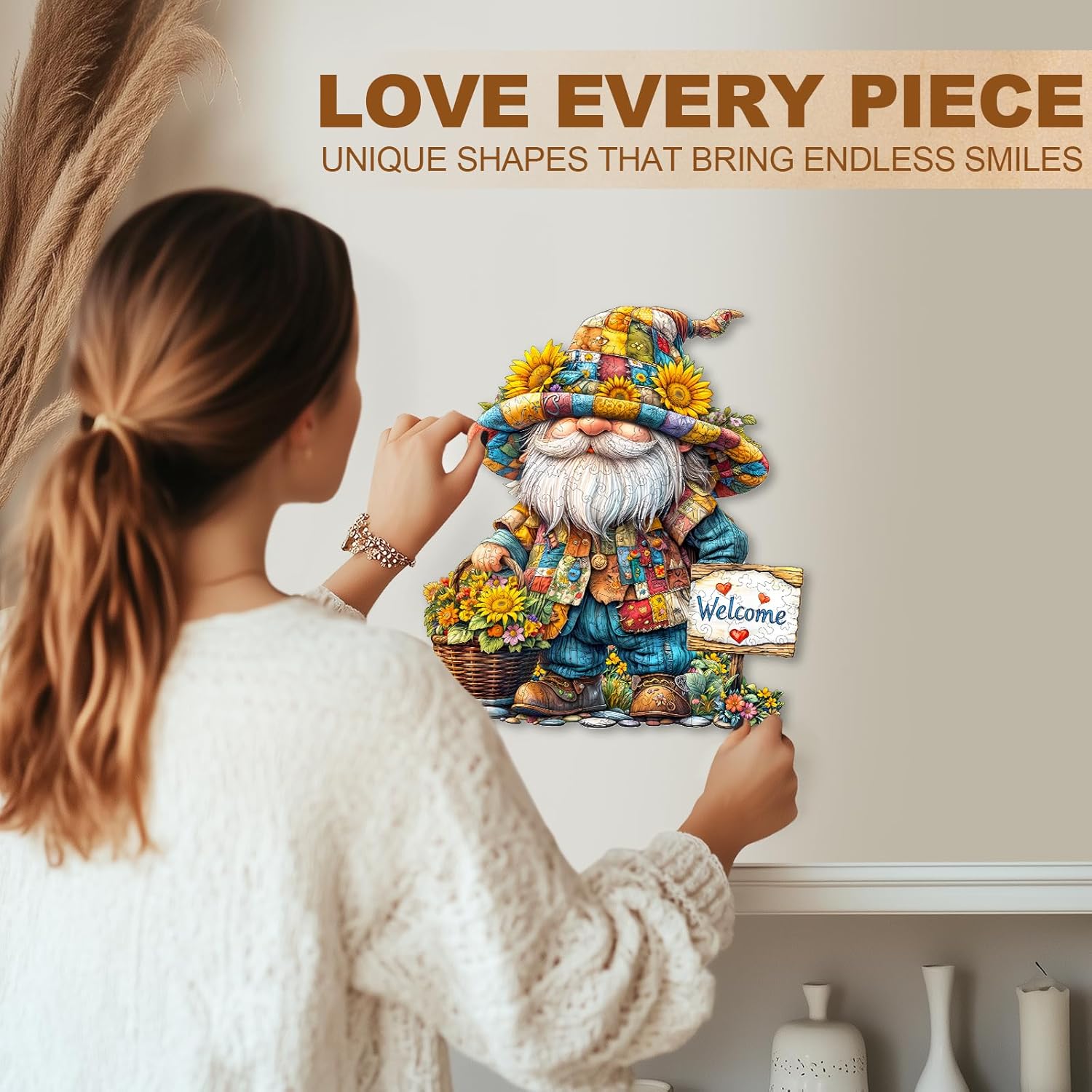 WOODBESTS Wooden Puzzles for Adults(170 Pieces-11.4 * 10.4in) Sunflower Gnome Wood Puzzles Adult-Unique Shape Wooden Jigsaw Puzzles with Wooden Storage Box-Personalized Gifts for Puzzle Lovers