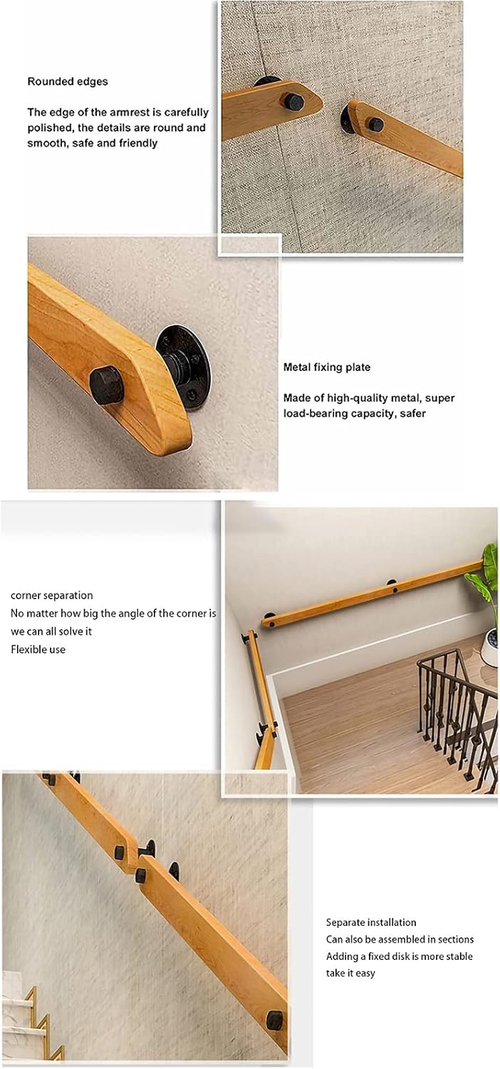 MObyat Handrail, Home Staircase Handrails Wooden Non-Slip Stair Railing, for Indoor Outdoor Safety Support, Wall Mount Hand Rails with Installation Kit, Easy to Install (Color : OneColor,