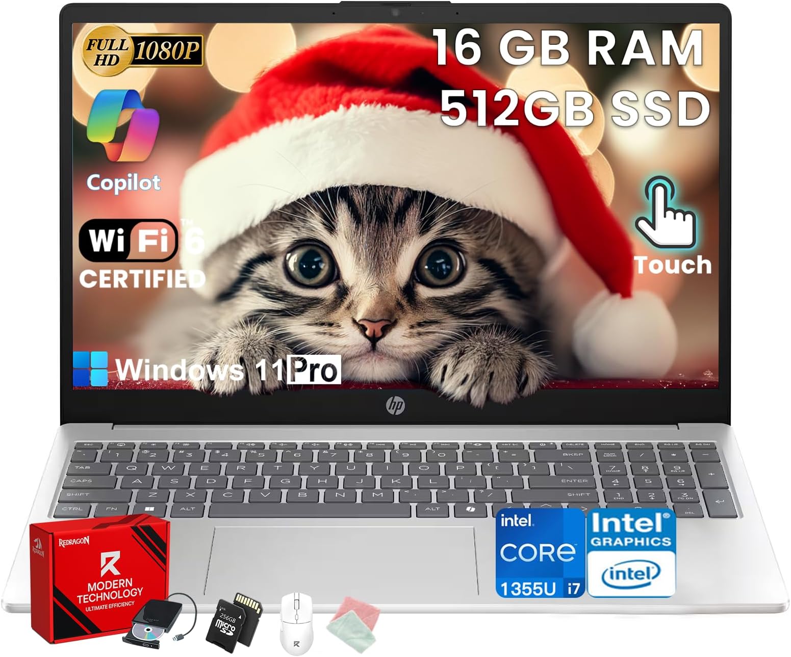 HP Premium 15.6" Touchscreen Laptop Computer - Intel 10-Core i7 1355U • 32GB RAM, 1TB SSD • 15.6" FHD Anti-Glare • Win 11 Pro • Wi-Fi 6 • Ai Copilot • for Business & Student • w/Accessories