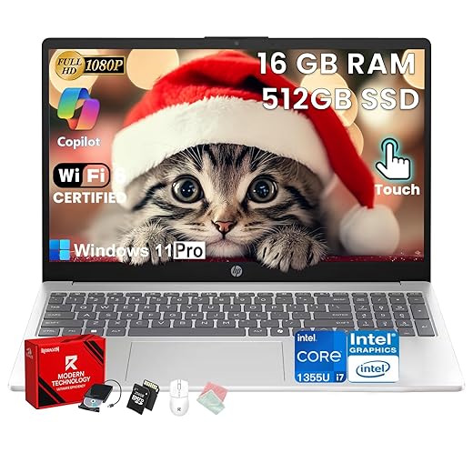 HP Premium 15.6" Touchscreen Laptop Computer - Intel 10-Core i7 1355U, 16GB RAM, 512GB SSD, 15.6" FHD Anti-Glare, Win 11 Pro, Wi-Fi 6, Ai Copilot, for Business & Student, w/Accessories
