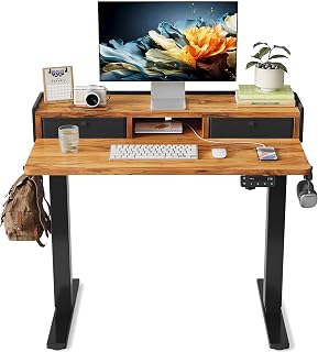 YIHAYO Electric Standing Desk with Drawers, 40 x 24 Inches Adjustable Desk with Storage Shelf, Stand Up Desk with Splice Board, Computer Table for Home Office, Black Frame/Rustic Brown Top