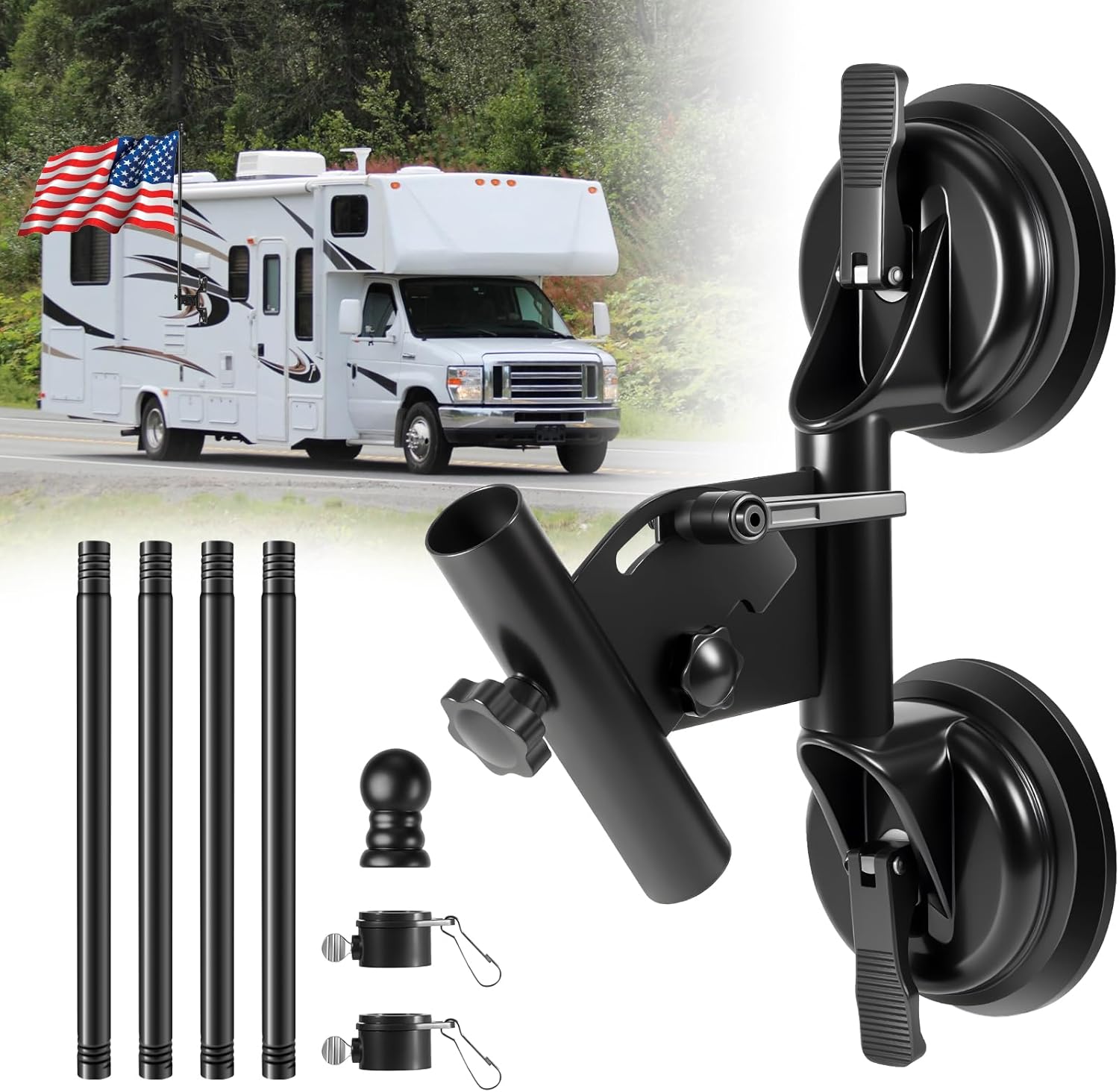 RV Flag Mount, Suction Cup Flag Holder, RV Flag Pole Kit Adjustable Angle, Suction Cup Flag Holder for RV, Truck, Trailer, SUV - with Flagpole