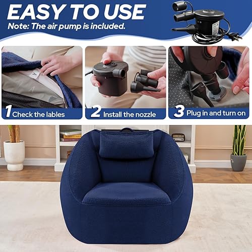 Miniatura 7 de HABUTWAY Puf inflable para adultos, silla inflable portátil con bomba de aire eléctrica, asa y bolsillo lateral para lectura nocturna de películas,