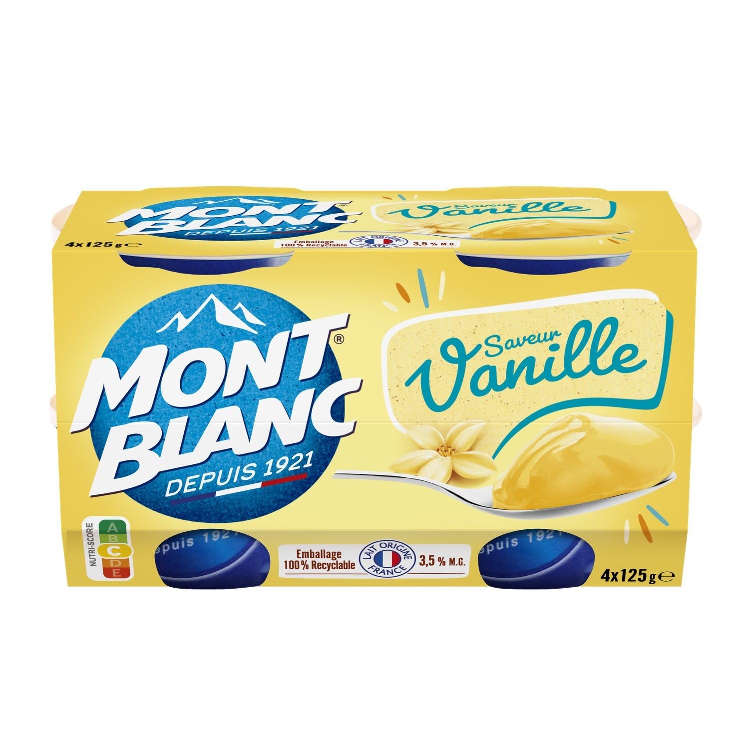 MONT BLANC – Crème Dessert Vanille Onctueuse et Gourmande, Texture Veloutée (4 x 125 g) - Le lot de 4