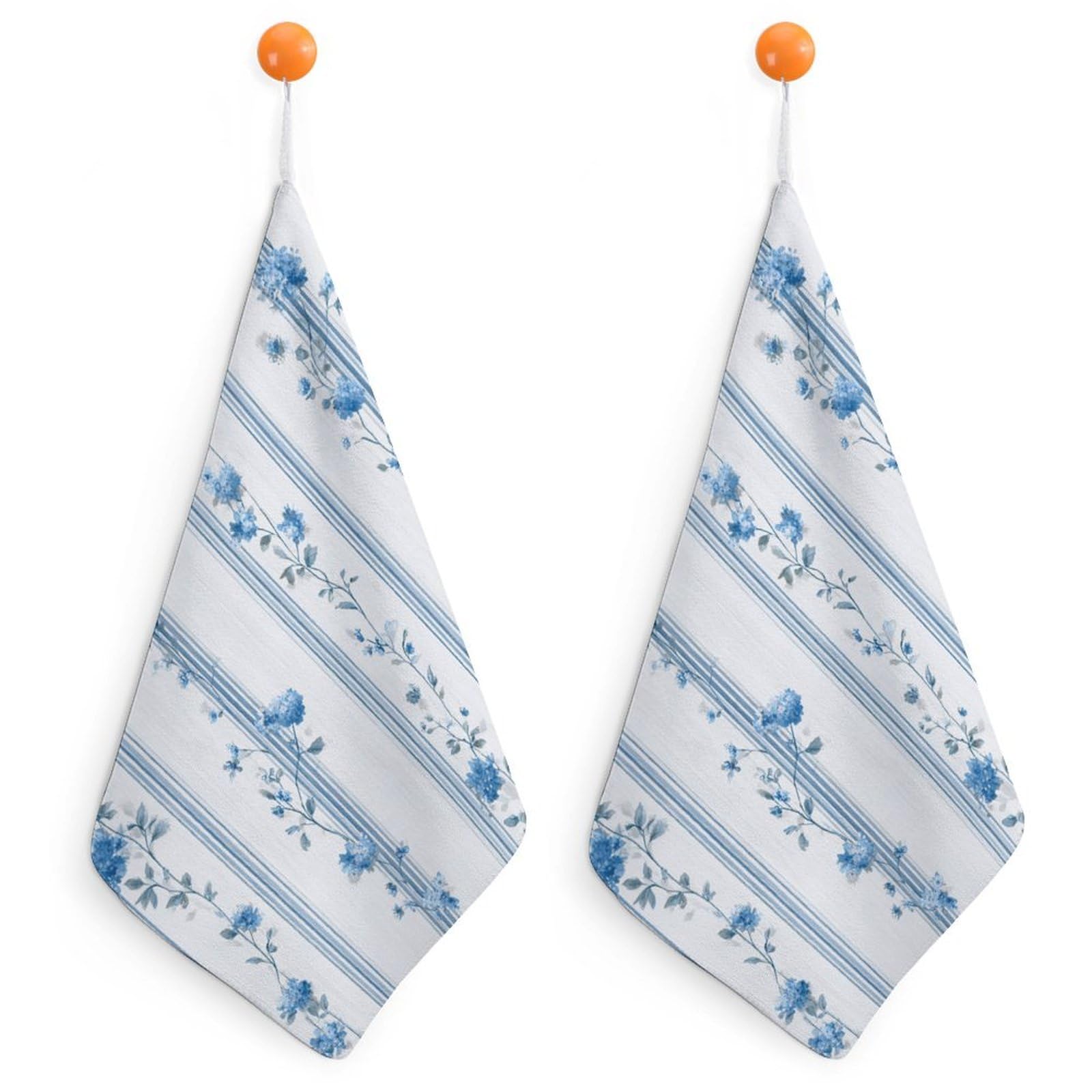 Jubonexis Floral Vine Stripes with Tiny Blue White Hydrangea Small Hand Towel with Hanging Loop 2 PCS Absorbent Soft Wash Cloth for Kitchen Bathroom