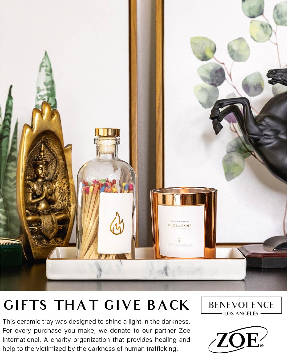 Benevolence LA Ceramic Vanity Tray, Candle Tray with White Marble Finish | Jewelry Tray, Jewelry Dish | Marble Tray Decor, Perfume Tray for Dresser | Decorative Tray, Bathroom Tray, 9x4.5x1 inches