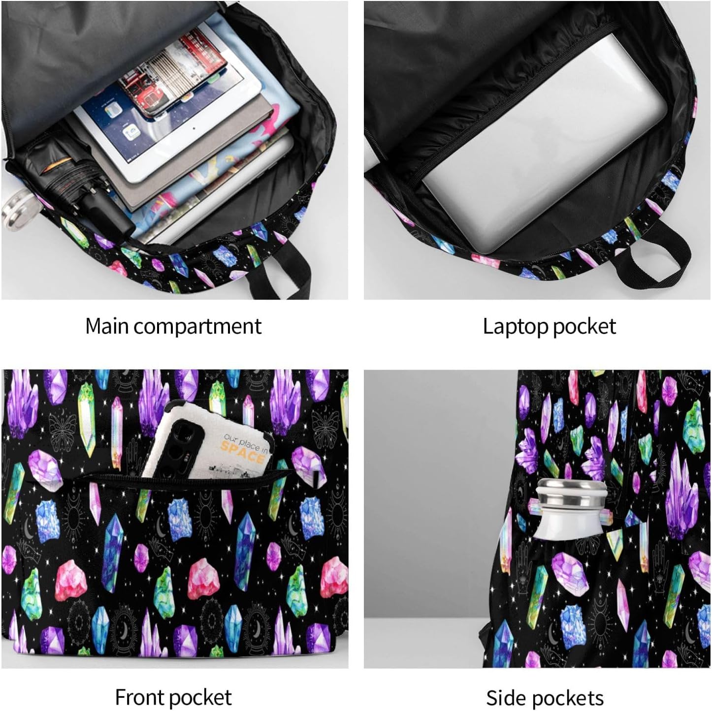 Colorful Crystals Waterproof Backpack Adjustable Shoulder Straps Bag Large Capacity Casual Daypack Bookbag For Travel Work