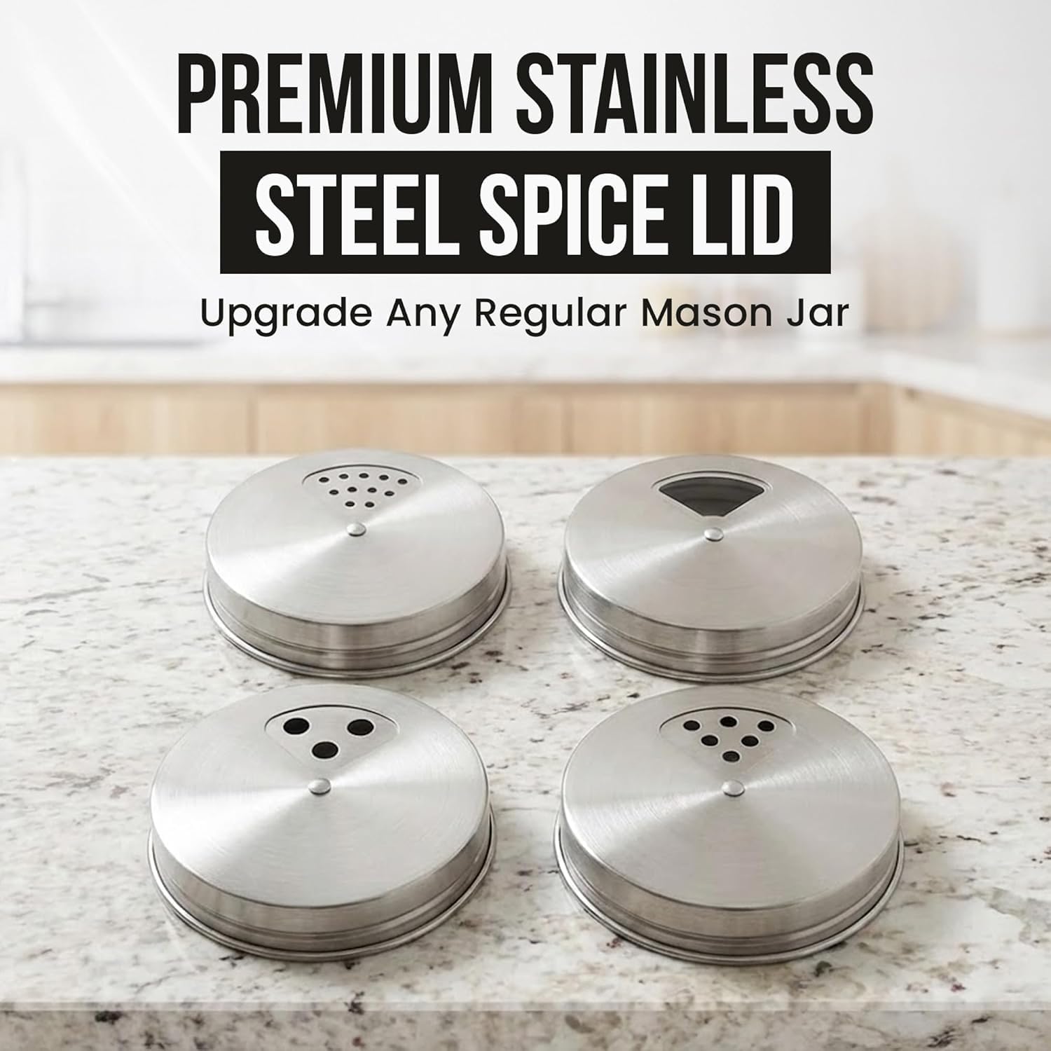 Mason Jar Spice Shaker Lids Stainless Steel – 4 Pack Adjustable Spice Lids for Mason Jars Wide Mouth – Seasoning Salt Pepper Dispenser Tops for Ball Canning Jars