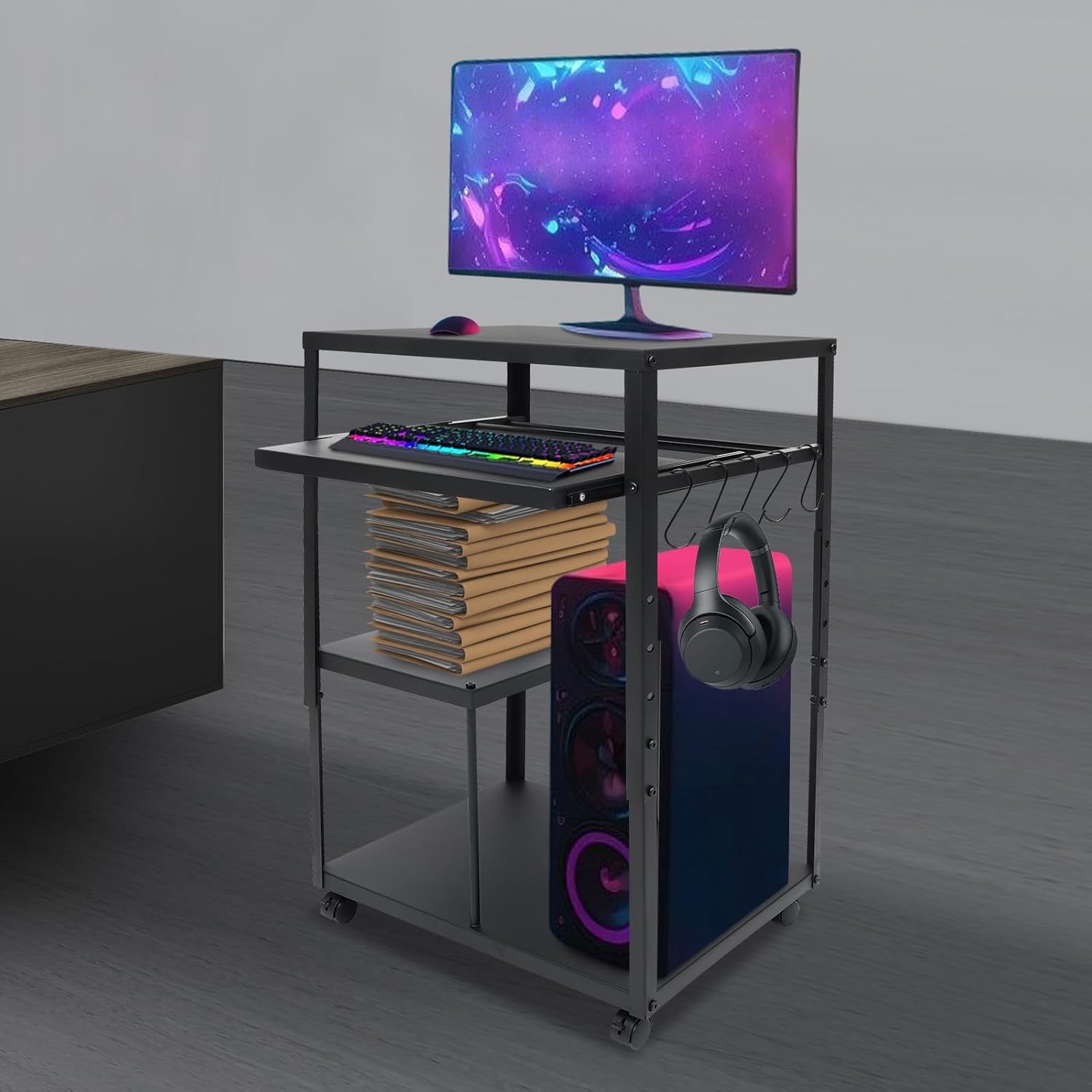 Computer Desk for Small Spaces, Height Adjustable Computer Desk with Shelves and Keyboard Tray, Standing Compact Desk with Storage, Home Office Study Computer Desk with Wheels