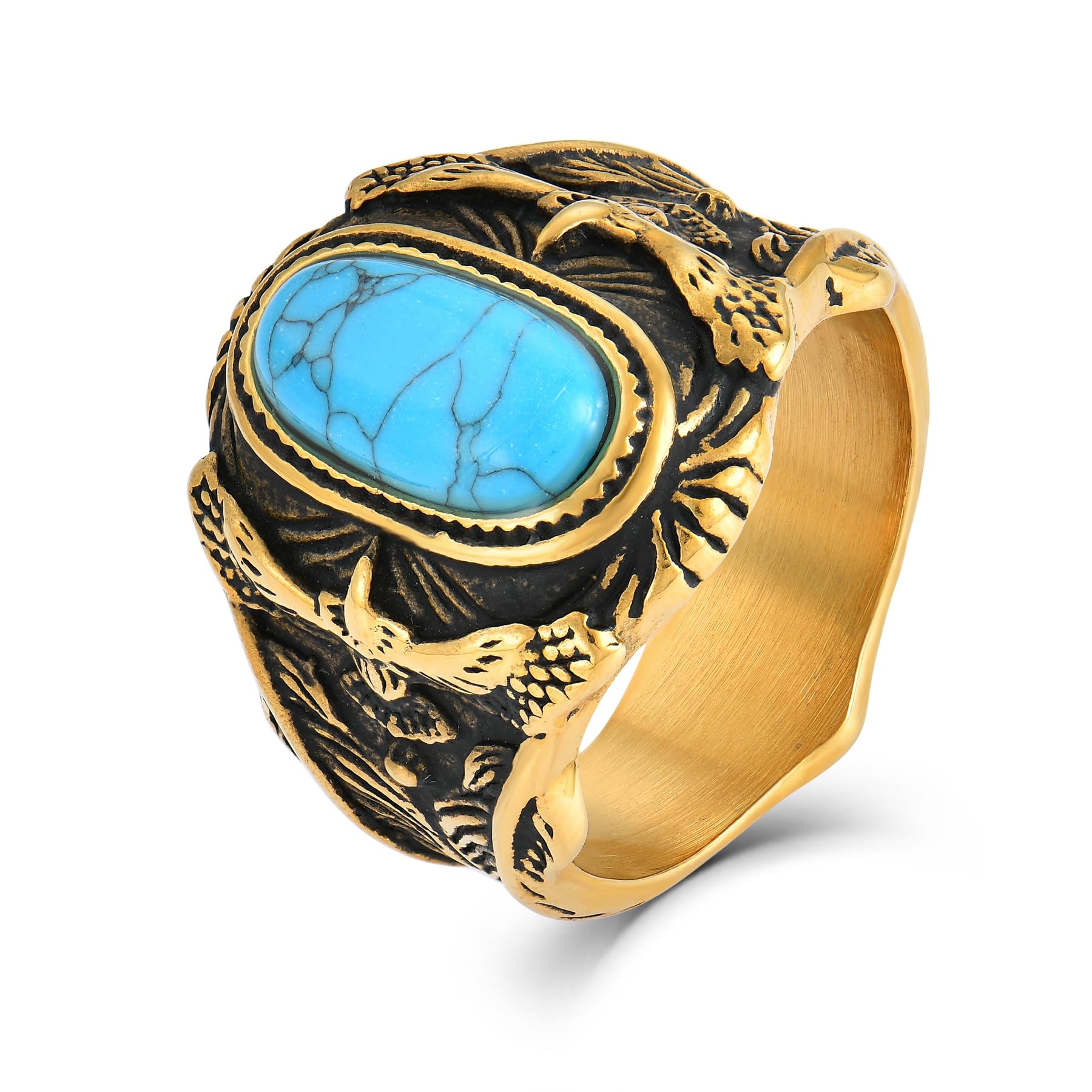 Retro Turquoise Ring for Men Stainless Steel Oval Biker Ring Jewelry for Men,Size7-15