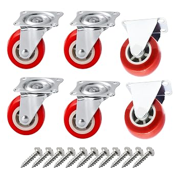 1.5 Swivel and Rigid Plate Hard Rubber Caster Wheels for Furniture and Workbench 6 Packs 4 Swivel+2 Rigid Free Screws,Red