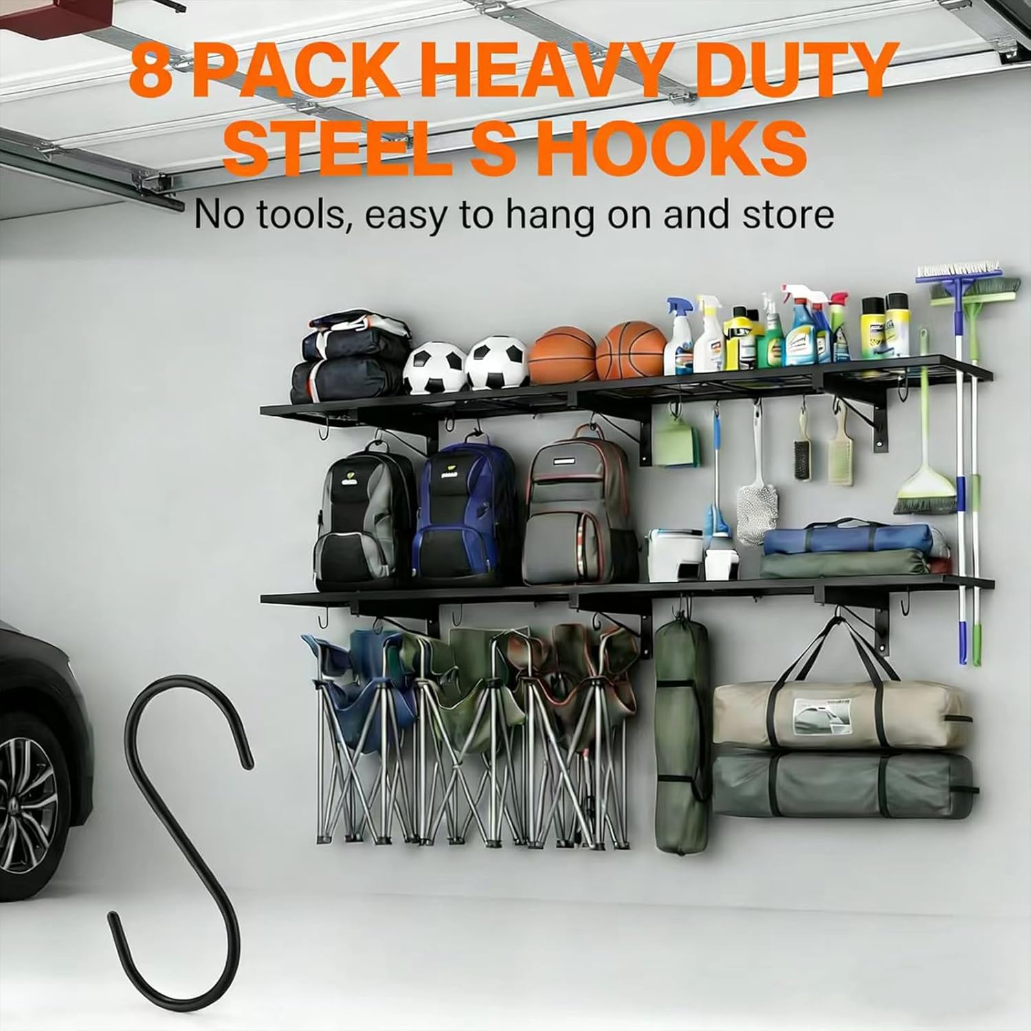 2 Pack Garage Wall Shelves, Heavy Duty Wall Mounted Shelving, 46”x12.5” Floating Shelf, 8 Hooks–Industrial Storage System with Reinforced Steel Powder-Coated Finish, 380lbs Capacity for Shop, Basement