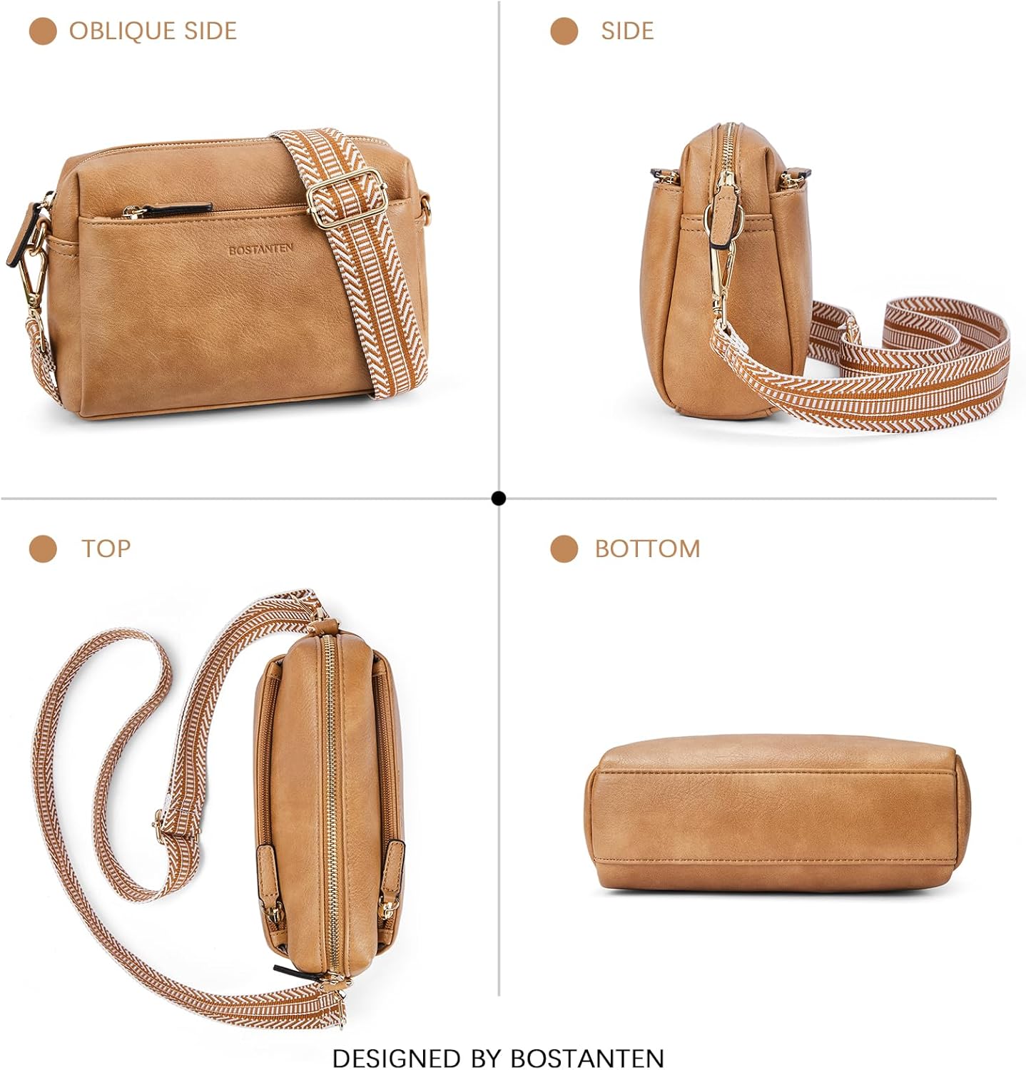 BOSTANTEN Small Crossbody Purse for Women Triple Zip Cell Phone Leather Handbag with Colored Shoulder Strap - Image 7