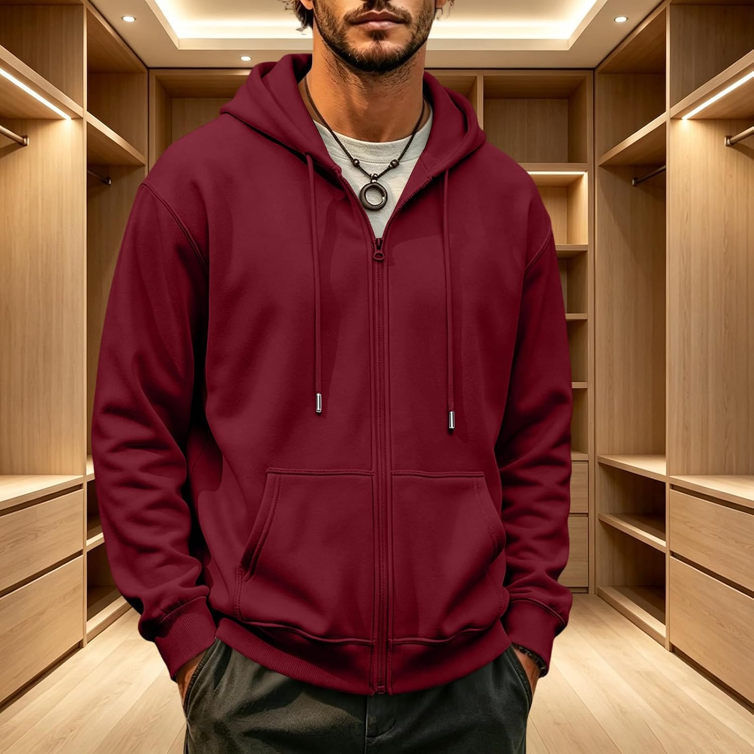 Men's Hooded Fleece Casual Jacket Solid Long Sleeve Loose Fit Outerwear for Daily AW Outdoor Act