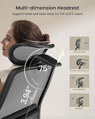 Miniatura 7 de ProtoArc EC200 Silla de oficina ergonómica EC200 Silla de computadora de malla con respaldo alto con soporte lumbar, reposacabezas ajustable 3D y