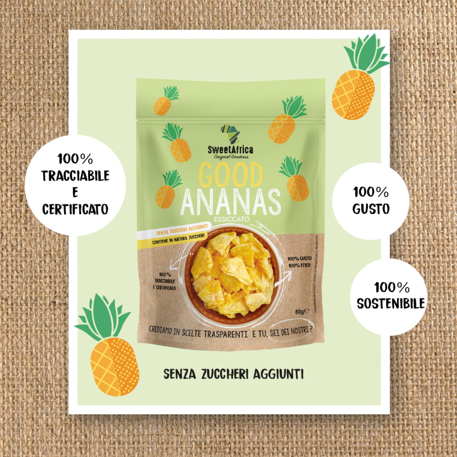 SweetAfrica - Good Ananas - Ananas essiccato a fette, senza zuccheri aggiunti, snack alla frutta essiccata - 200g x 6pz