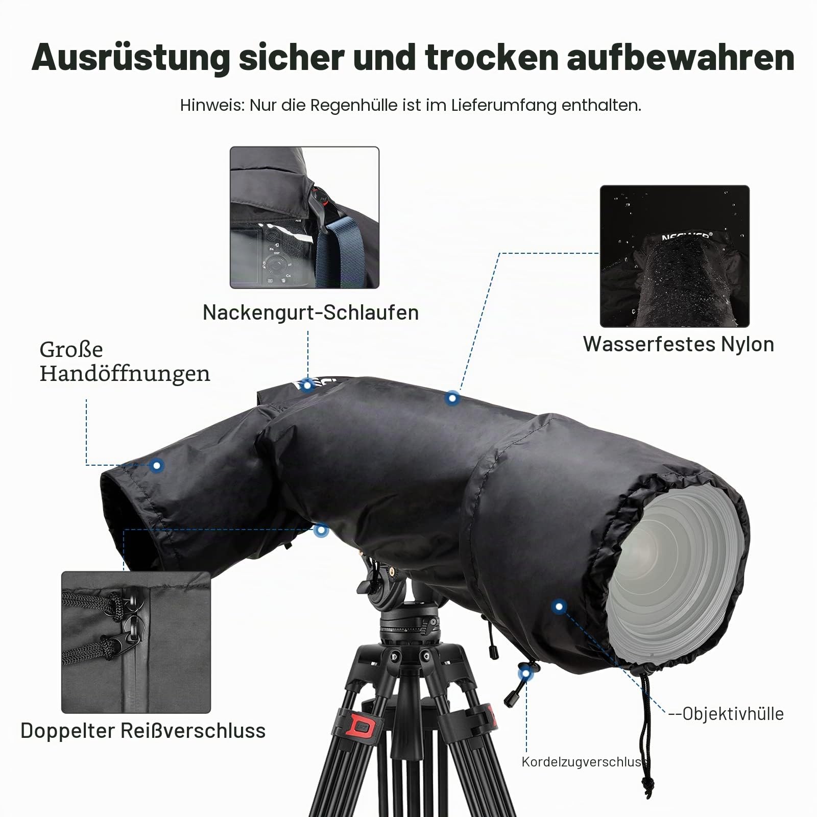 NEEWER Kamera-Regenschutz, großes Haltbar Nylon Regenmantel, kompatibel mit Canon Sony Nikon DSLR spiegellose Vlog Kamera & Objektive 300/400/500/600/800mm, mit Ärmeln/Zugbändern/Sichtfenster, PB004