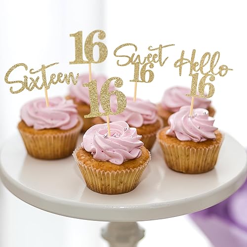 Miniatura 2 de 48 adornos para cupcakes de cumpleaños de 16 años, con purpurina Sweet 16 Hello 16, decoración para tartas de dieciséis años, para niños y niñas,