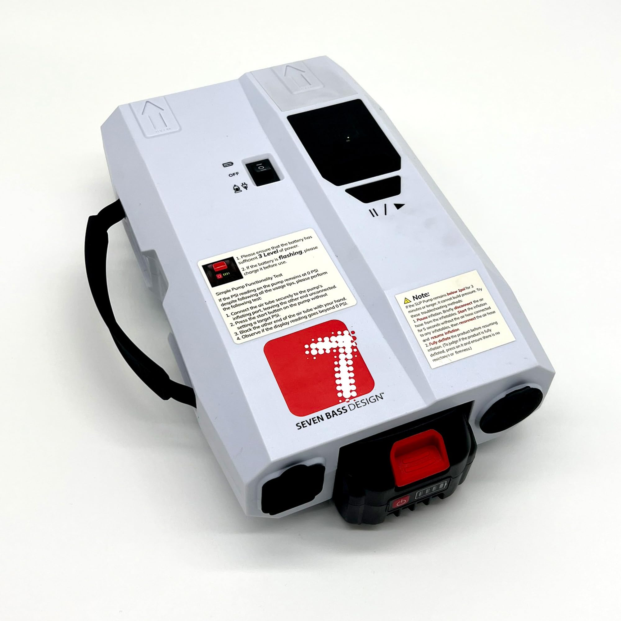 Seven Bass Pompe Électrique 3 en 1 pour Float Tube et Stand Up Paddle – Batterie Intégrée, Allume-Cigare et Secteur – Gonflage Automatique jusqu'à 10 PSI – Fonction Gonflage et Dégonflage