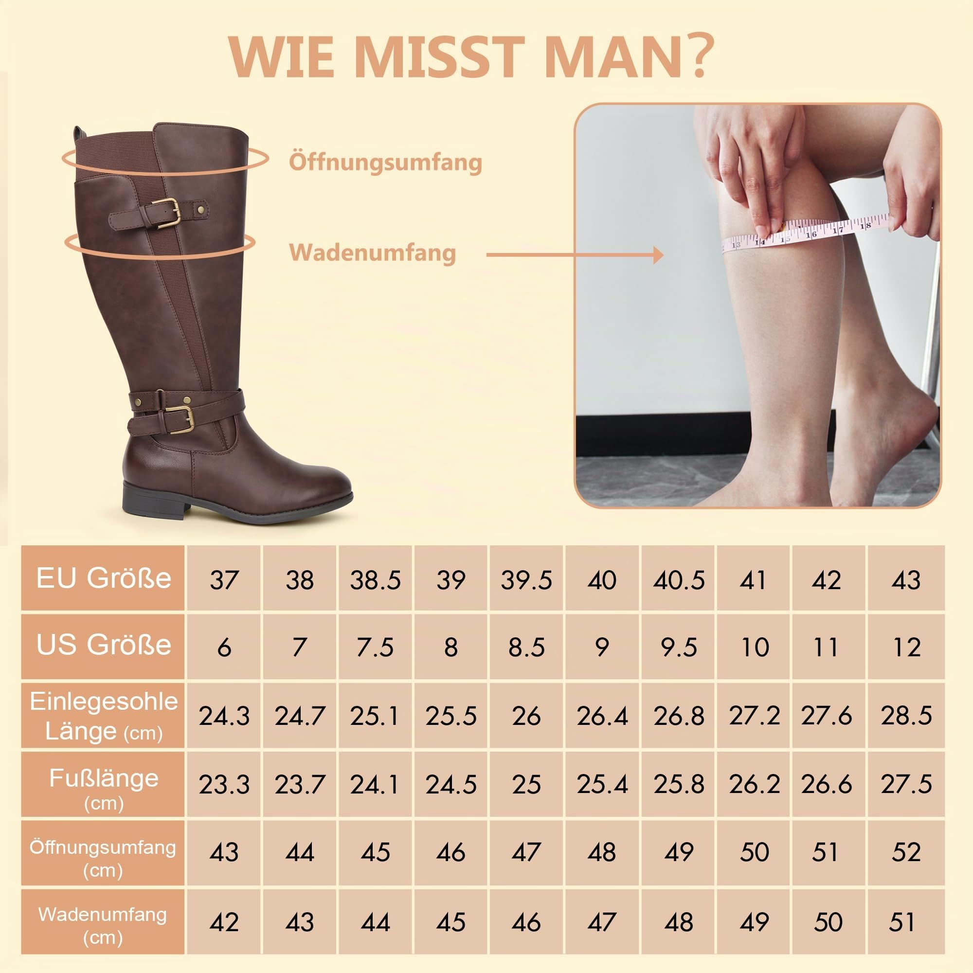 Damen Reitstiefel mit extra breitem Schaft, niedrigem Absatz, Knöchelriemen, schlankes Design, kniehohe Stiefel